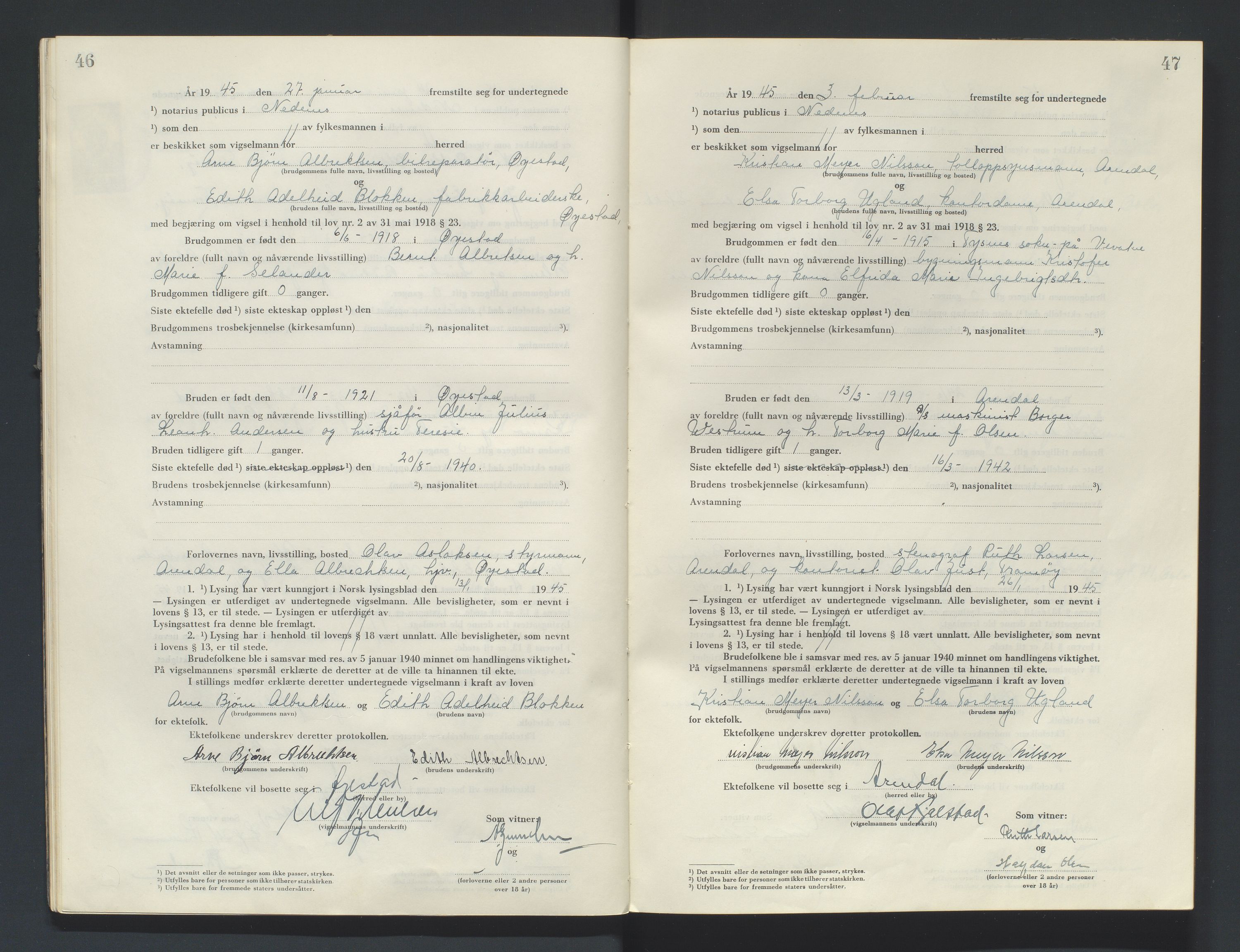Nedenes sorenskriveri, SAK/1221-0006/L/Ld/L0002/0004: Vigselsbøker / Vigselbok, 1944-1948, s. 46-47