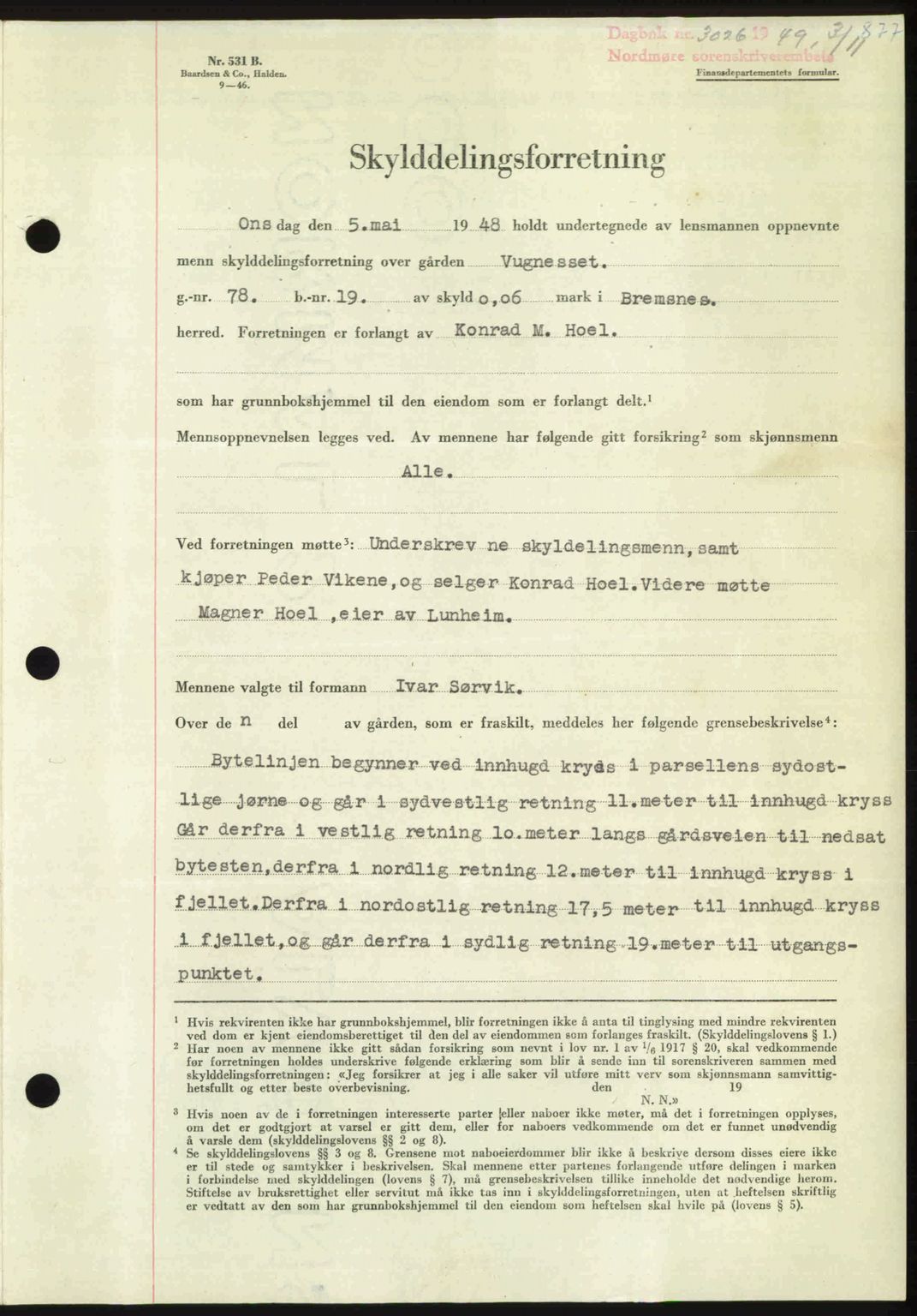 Nordmøre sorenskriveri, SAT/A-4132/1/2/2Ca: Pantebok nr. A112, 1949-1949, Dagboknr: 3026/1949