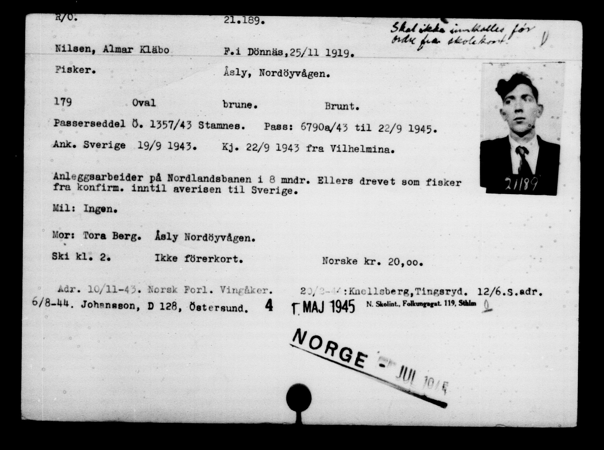 Utenriksstasjonene, Legasjonen i Stockholm, Flyktningkontoret, AV/RA-S-6753/V/Va/L0009: Kjesäterkartoteket, flyktninger med registreringsnr. 18502-22048, 1940-1945, s. 2189