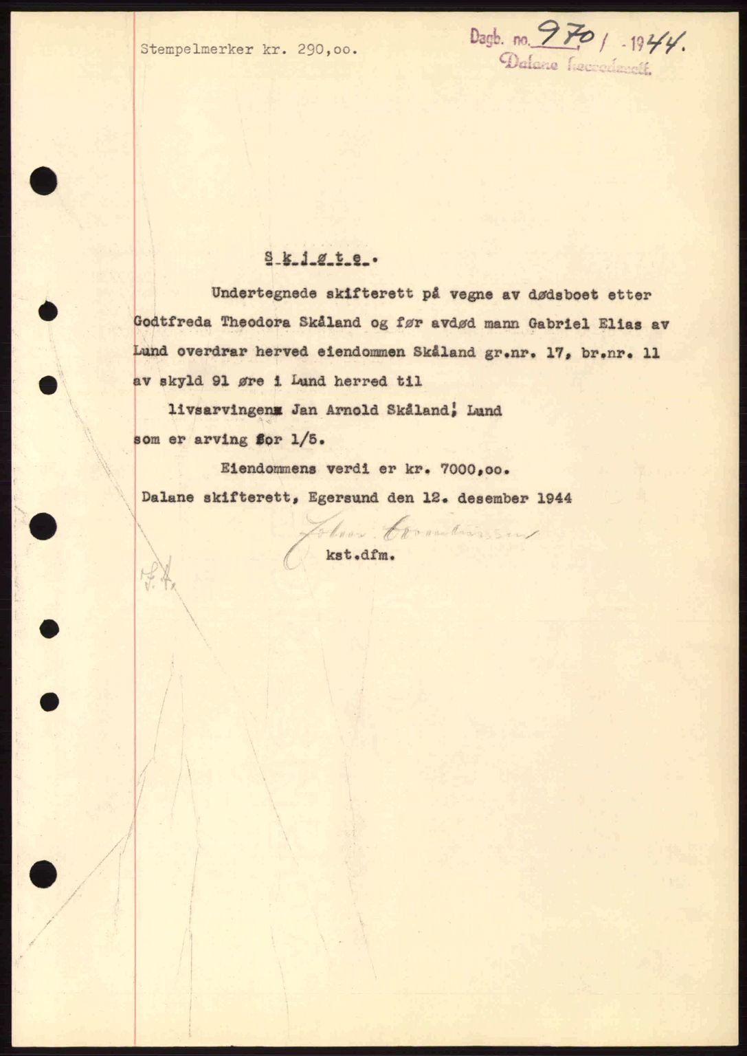 Dalane sorenskriveri, SAST/A-100309/02/G/Gb/L0047: Pantebok nr. A8 I, 1944-1945, Dagboknr: 970/1944