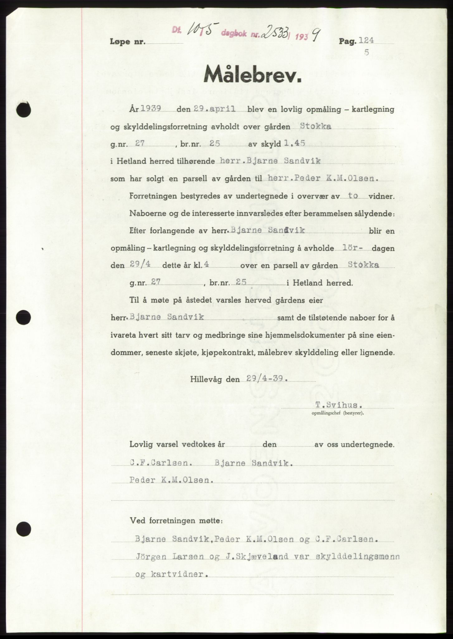 Jæren sorenskriveri, SAST/A-100310/03/G/Gba/L0074: Pantebok, 1939-1939, Dagboknr: 2533/1939
