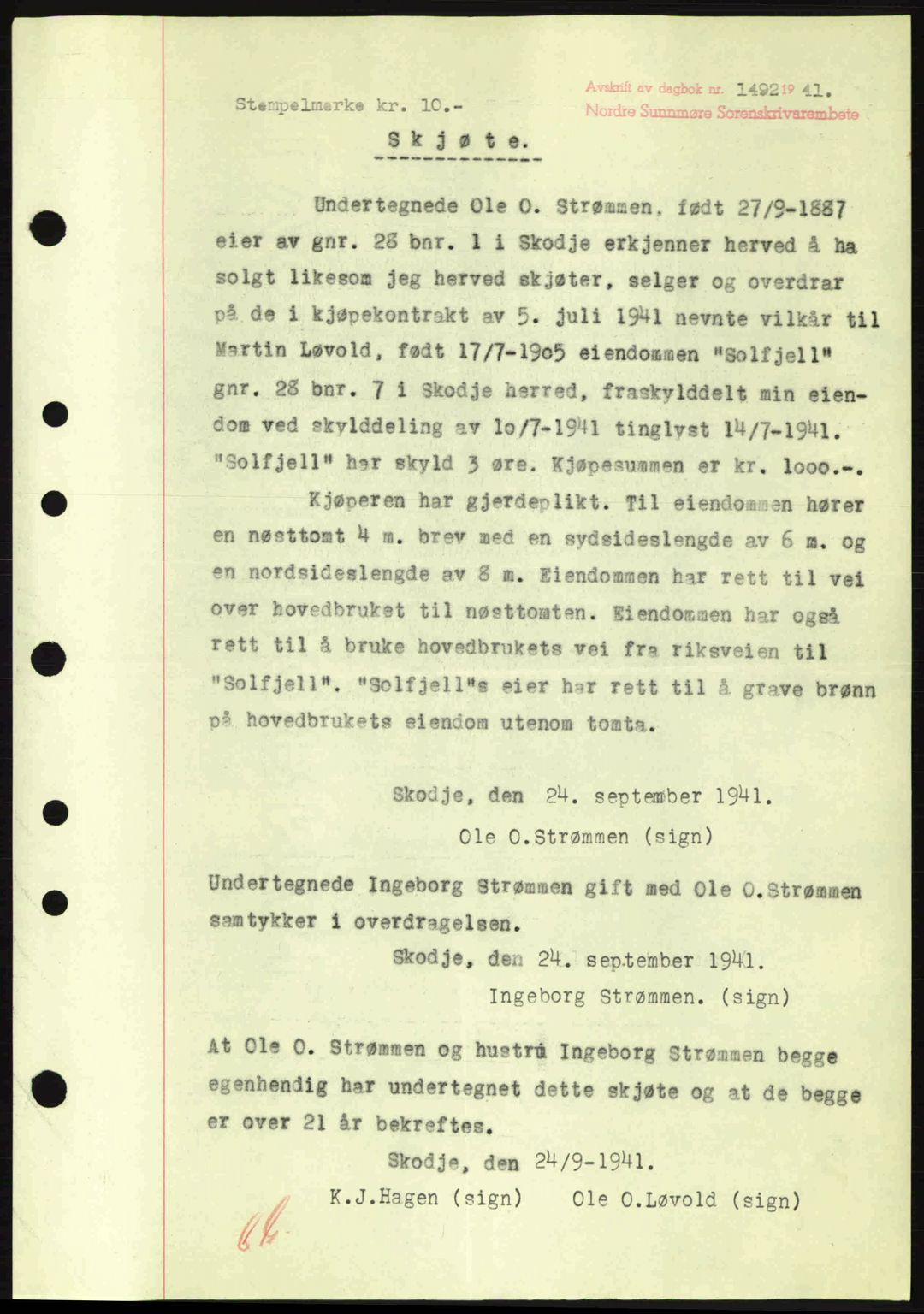 Nordre Sunnmøre sorenskriveri, SAT/A-0006/1/2/2C/2Ca: Pantebok nr. A11, 1941-1941, Dagboknr: 1492/1941