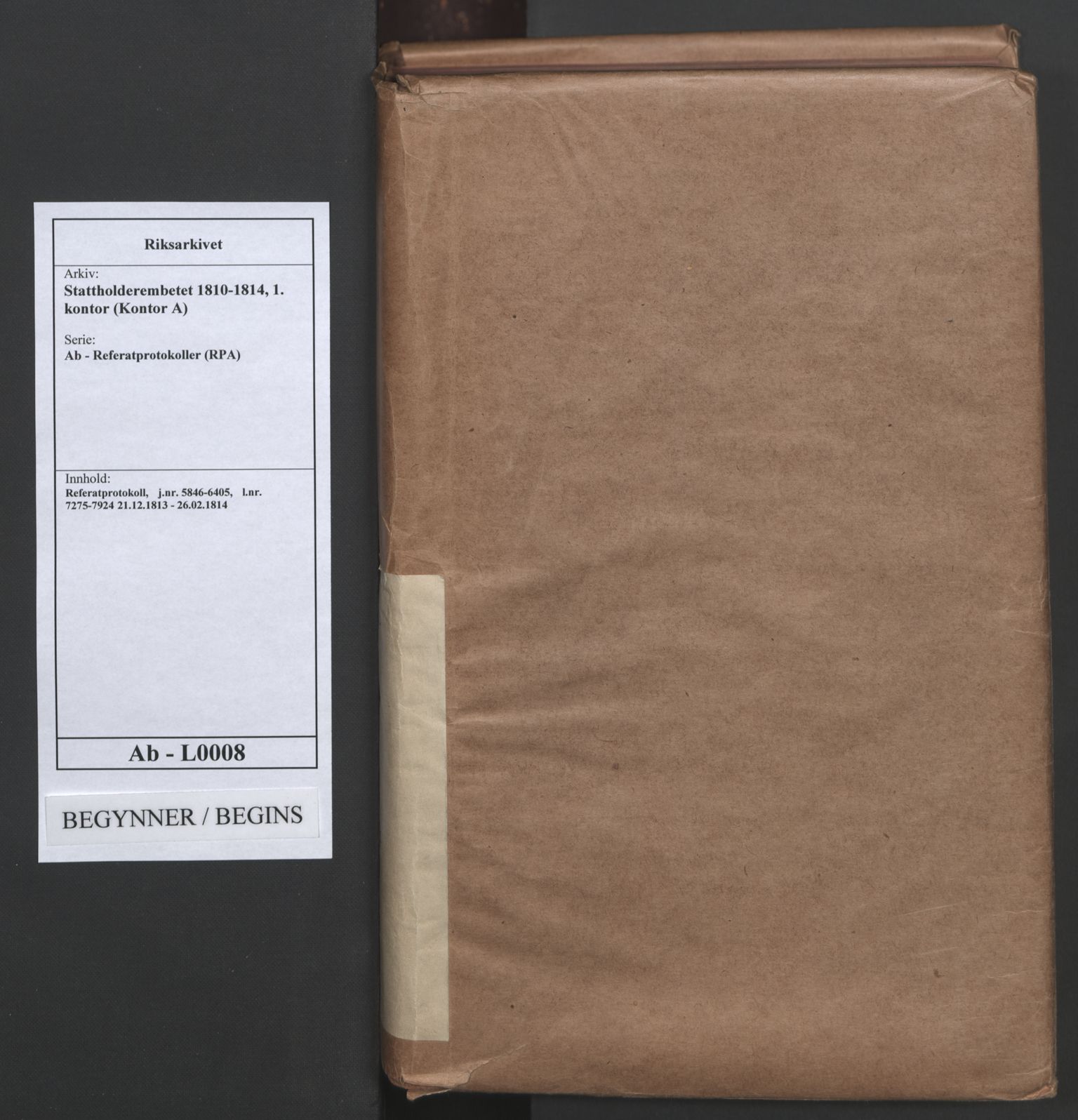 Stattholderembetet 1810-1814, 1. kontor (Kontor A), AV/RA-EA-2872/Ab/L0008: Referatprotokoll,  j.nr. 5846-6405,  l.nr. 7275-7924, 1813-1814, s. 1