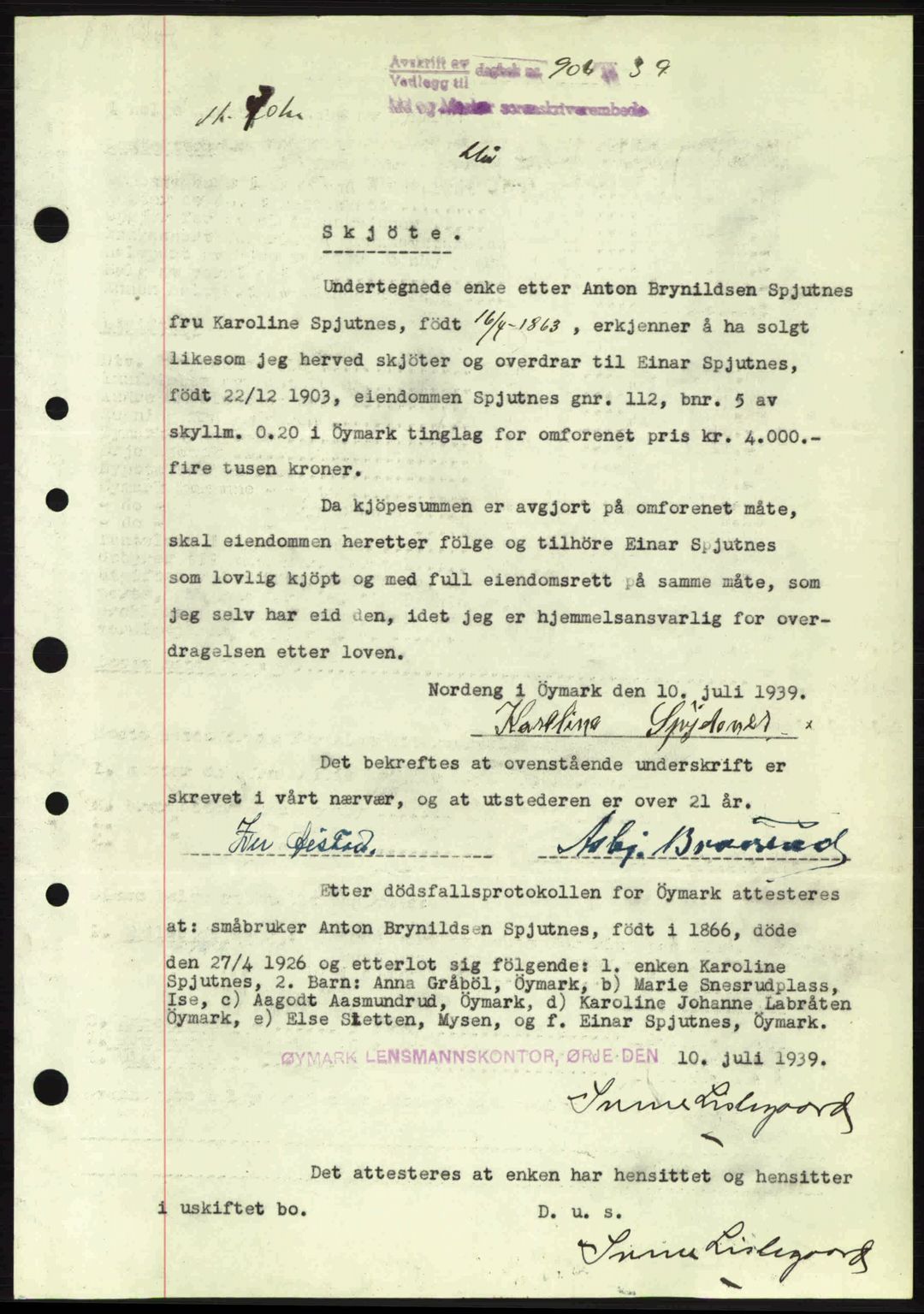 Idd og Marker sorenskriveri, AV/SAO-A-10283/G/Gb/Gbb/L0003: Pantebok nr. A3, 1938-1939, Dagboknr: 906/1939