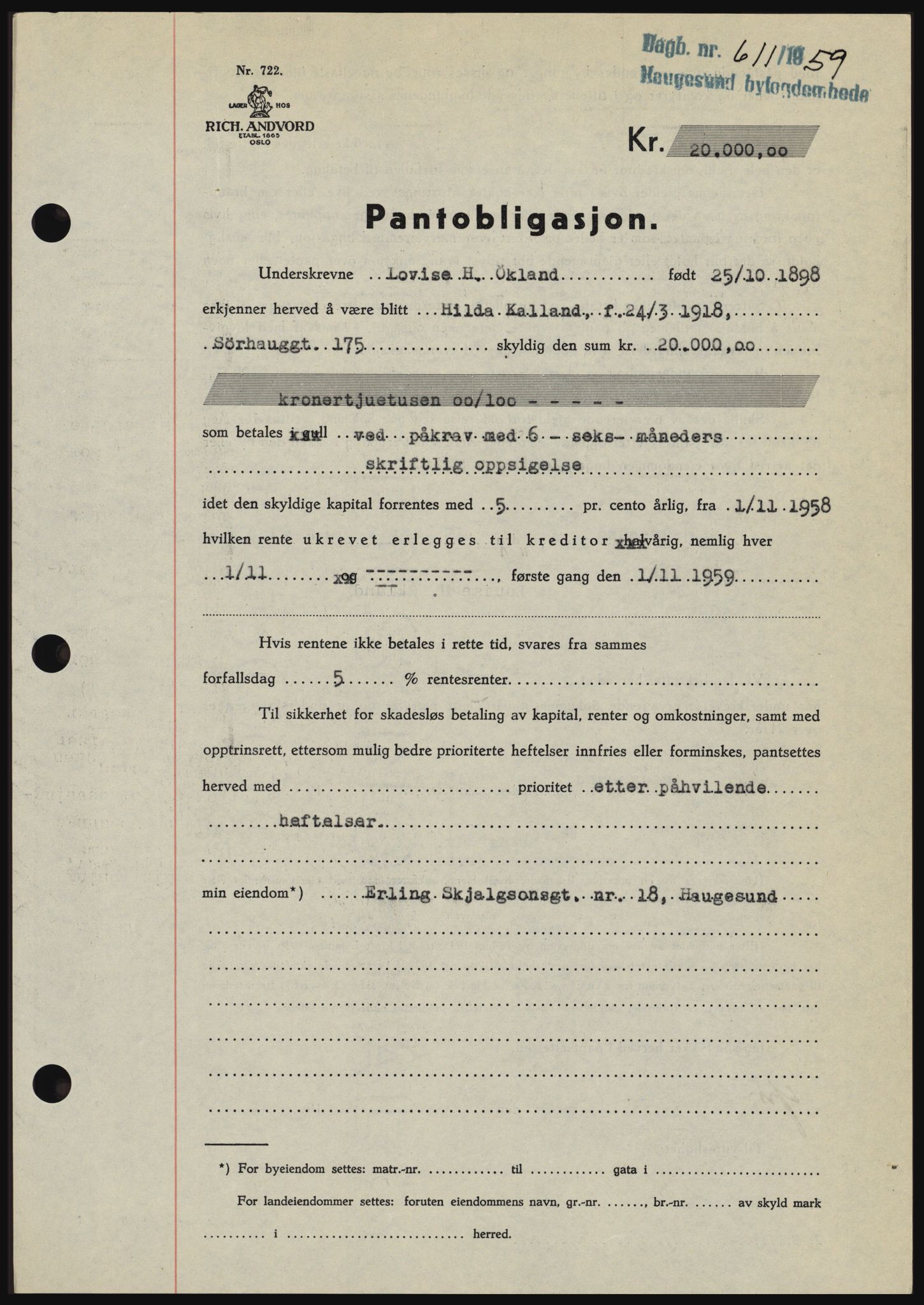 Haugesund tingrett, SAST/A-101415/01/II/IIC/L0045: Pantebok nr. B 45, 1959-1959, Dagboknr: 611/1959