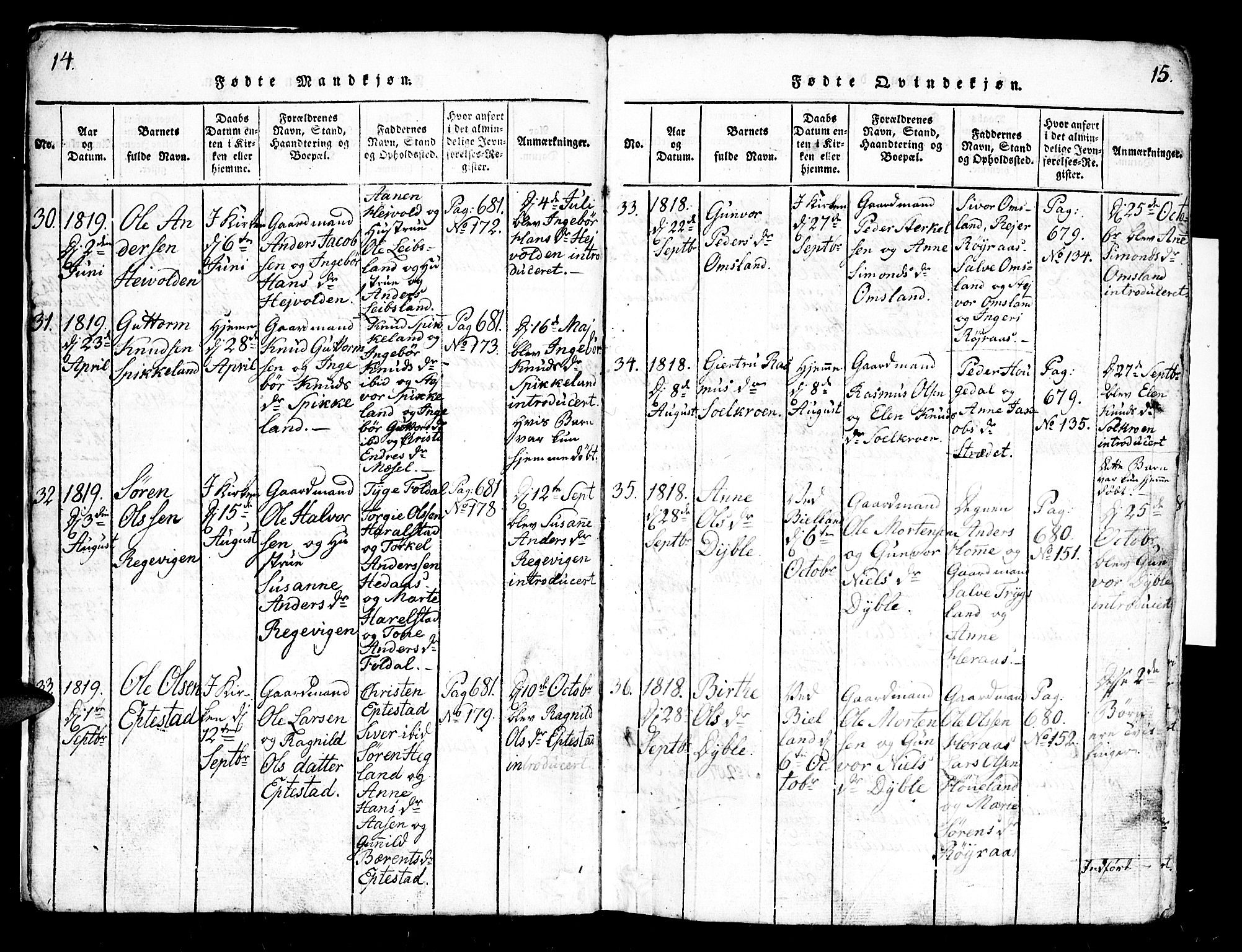 Bjelland sokneprestkontor, SAK/1111-0005/F/Fb/Fbb/L0003: Klokkerbok nr. B 3, 1816-1868, s. 14-15