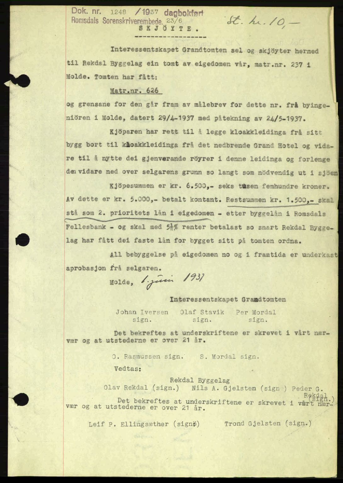 Romsdal sorenskriveri, SAT/A-4149/1/2/2C: Pantebok nr. A3, 1937-1937, Dagboknr: 1248/1937