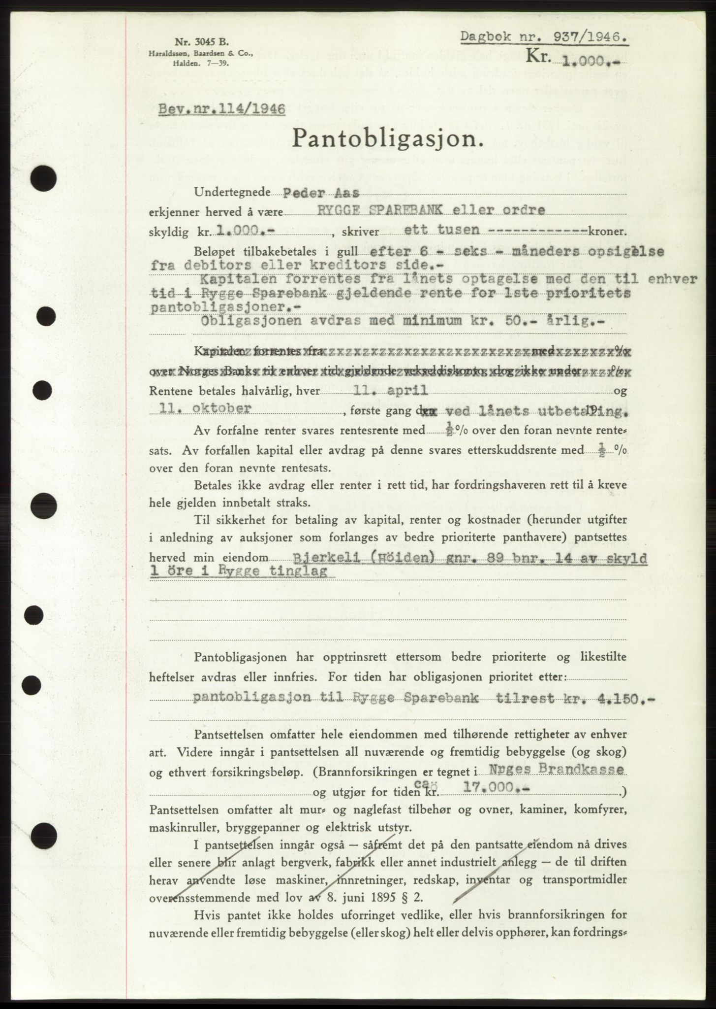 Moss sorenskriveri, SAO/A-10168: Pantebok nr. B15, 1946-1946, Dagboknr: 937/1946