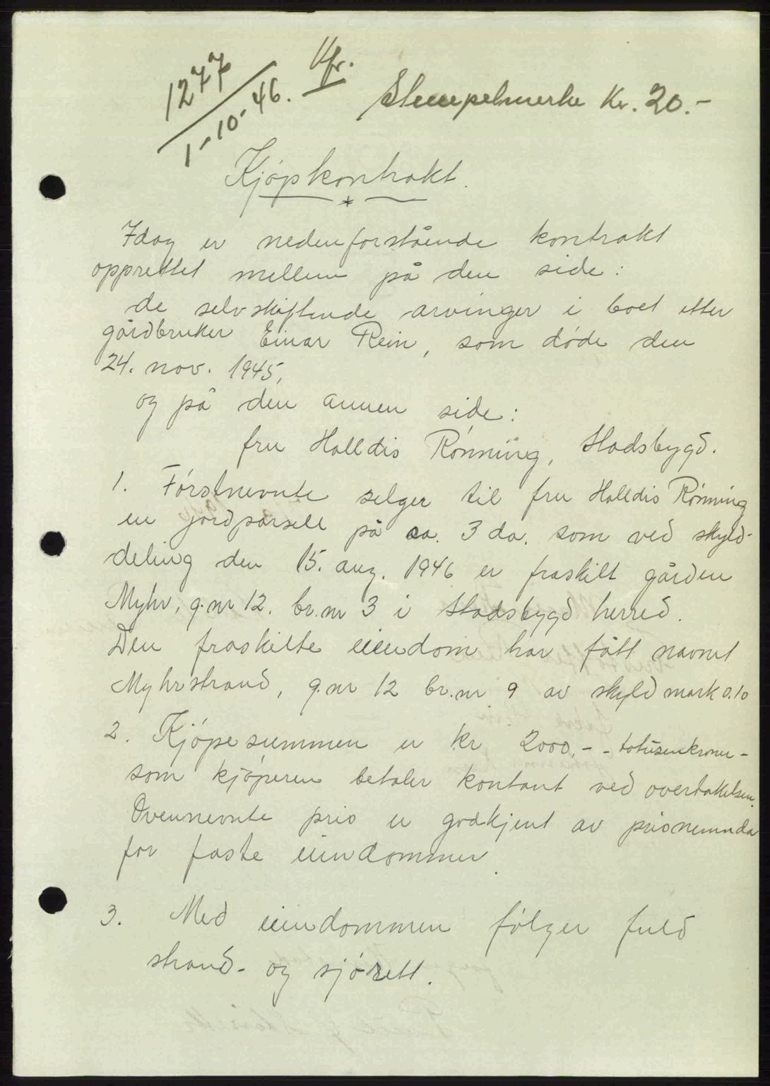 Fosen sorenskriveri, AV/SAT-A-1107/1/2/2C: Pantebok nr. A4-6, 1946-1947, Dagboknr: 1277/1946