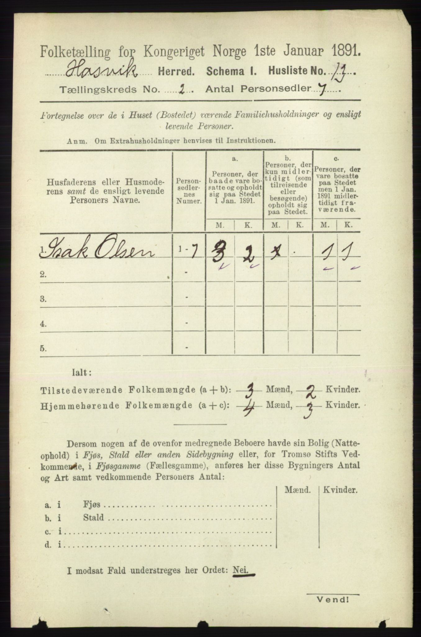 RA, Folketelling 1891 for 2015 Hasvik herred, 1891, s. 273