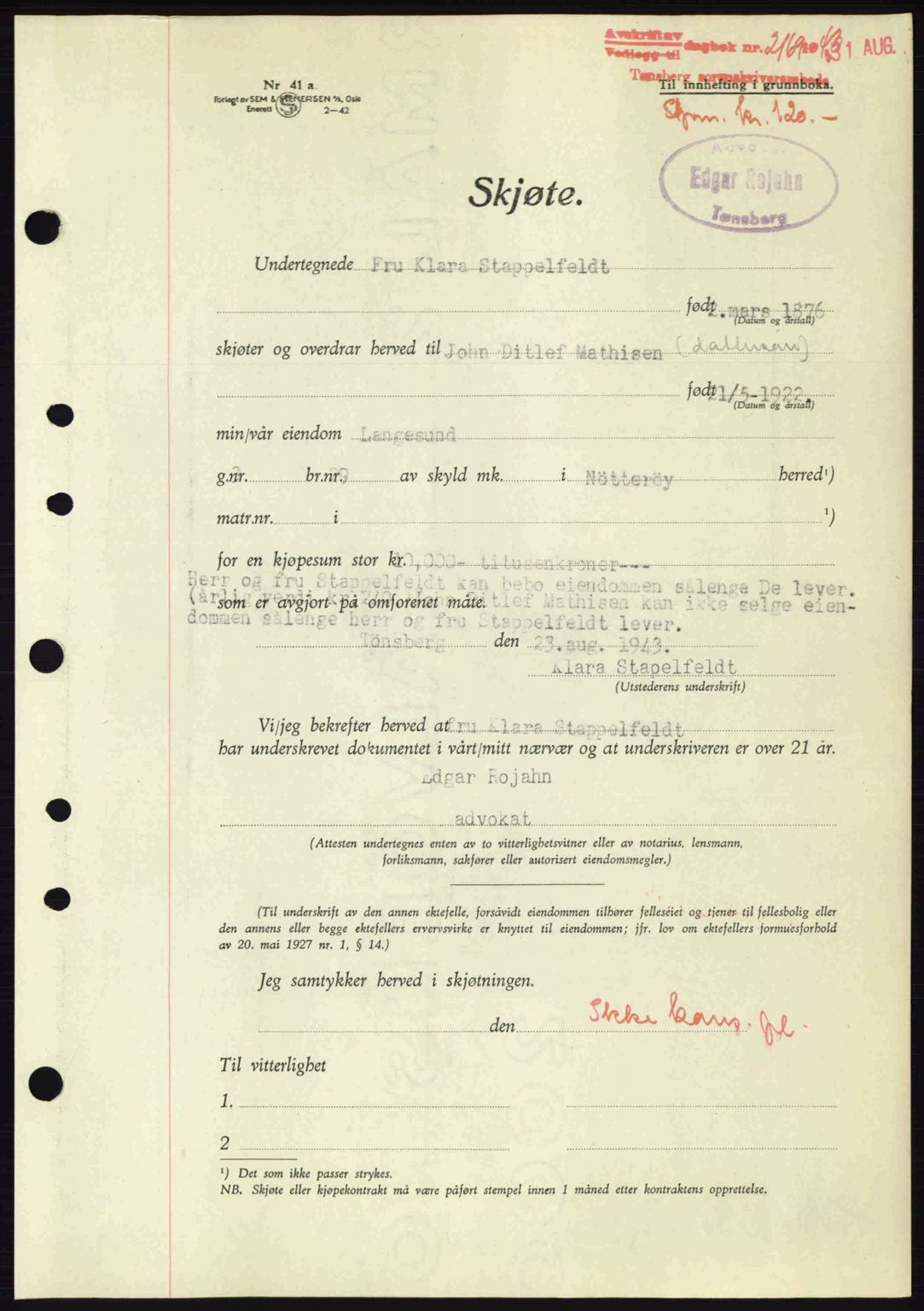 Tønsberg sorenskriveri, AV/SAKO-A-130/G/Ga/Gaa/L0013: Pantebok nr. A13, 1943-1943, Dagboknr: 2169/1943