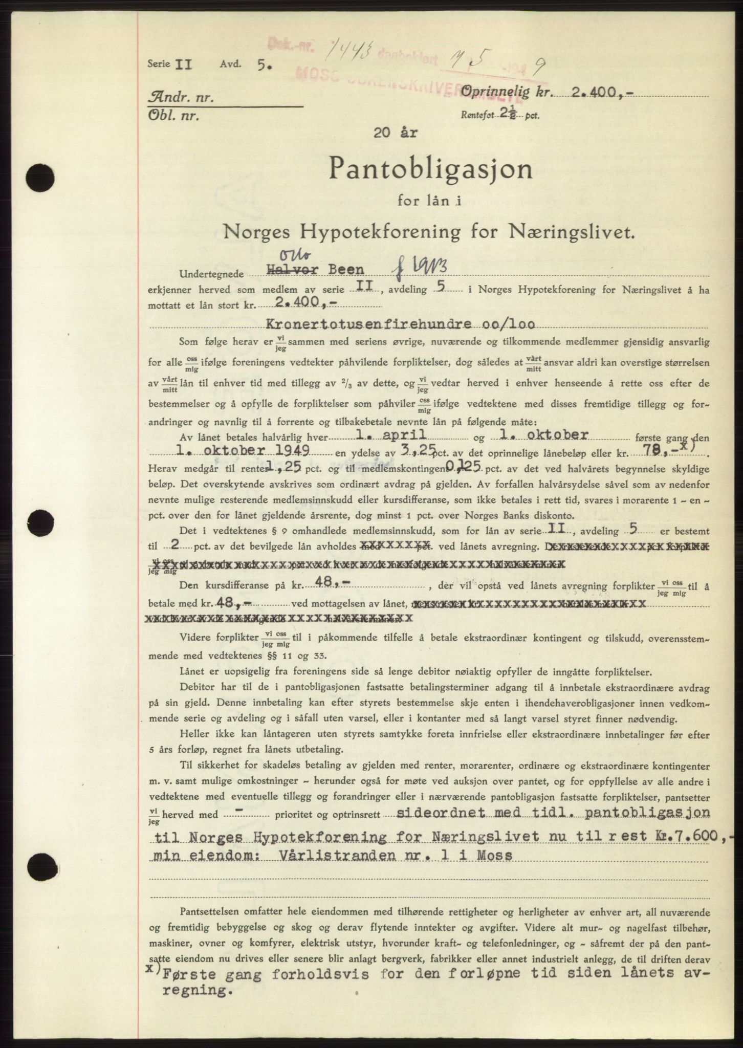Moss sorenskriveri, SAO/A-10168: Pantebok nr. B21, 1949-1949, Dagboknr: 1443/1949