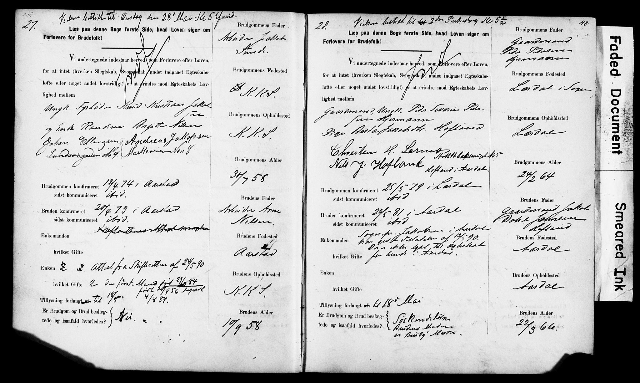 Korskirken sokneprestembete, SAB/A-76101: Forlovererklæringer nr. II.5.6, 1889-1898, s. 48