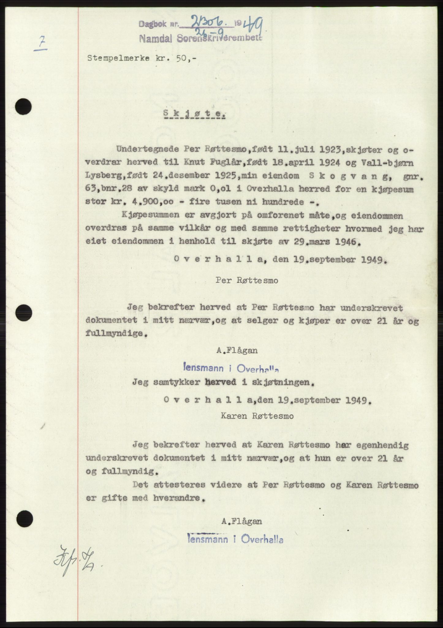 Namdal sorenskriveri, SAT/A-4133/1/2/2C: Pantebok nr. -, 1949-1949, Dagboknr: 2306/1949