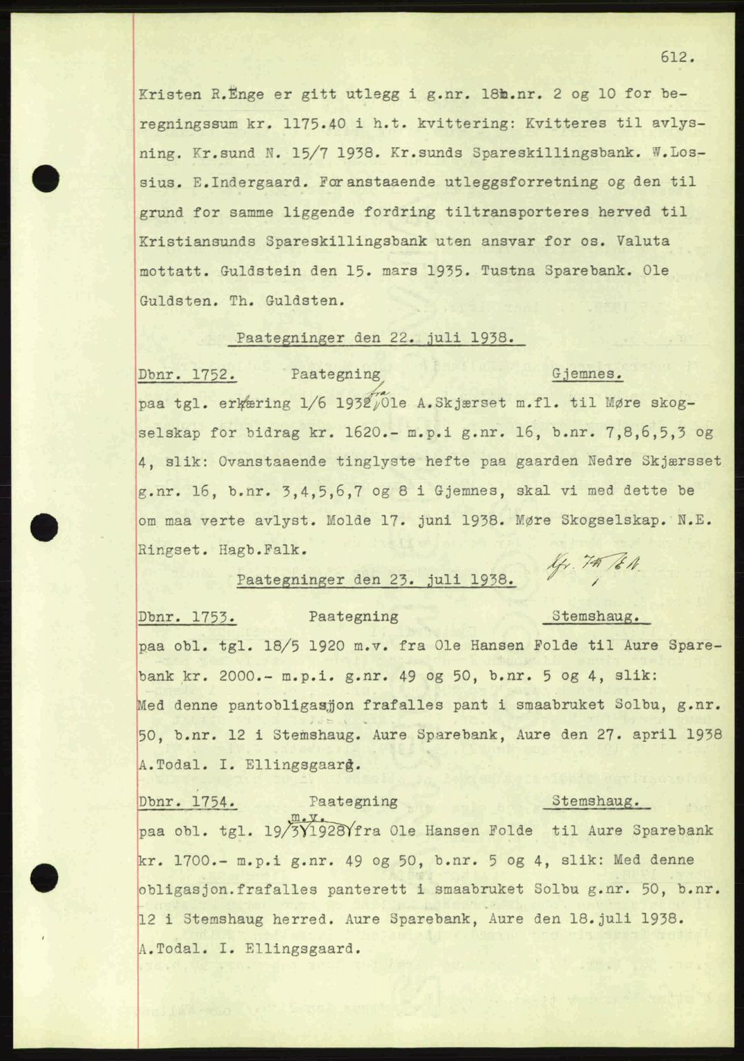 Nordmøre sorenskriveri, SAT/A-4132/1/2/2Ca: Pantebok nr. C80, 1936-1939, Dagboknr: 1752/1938