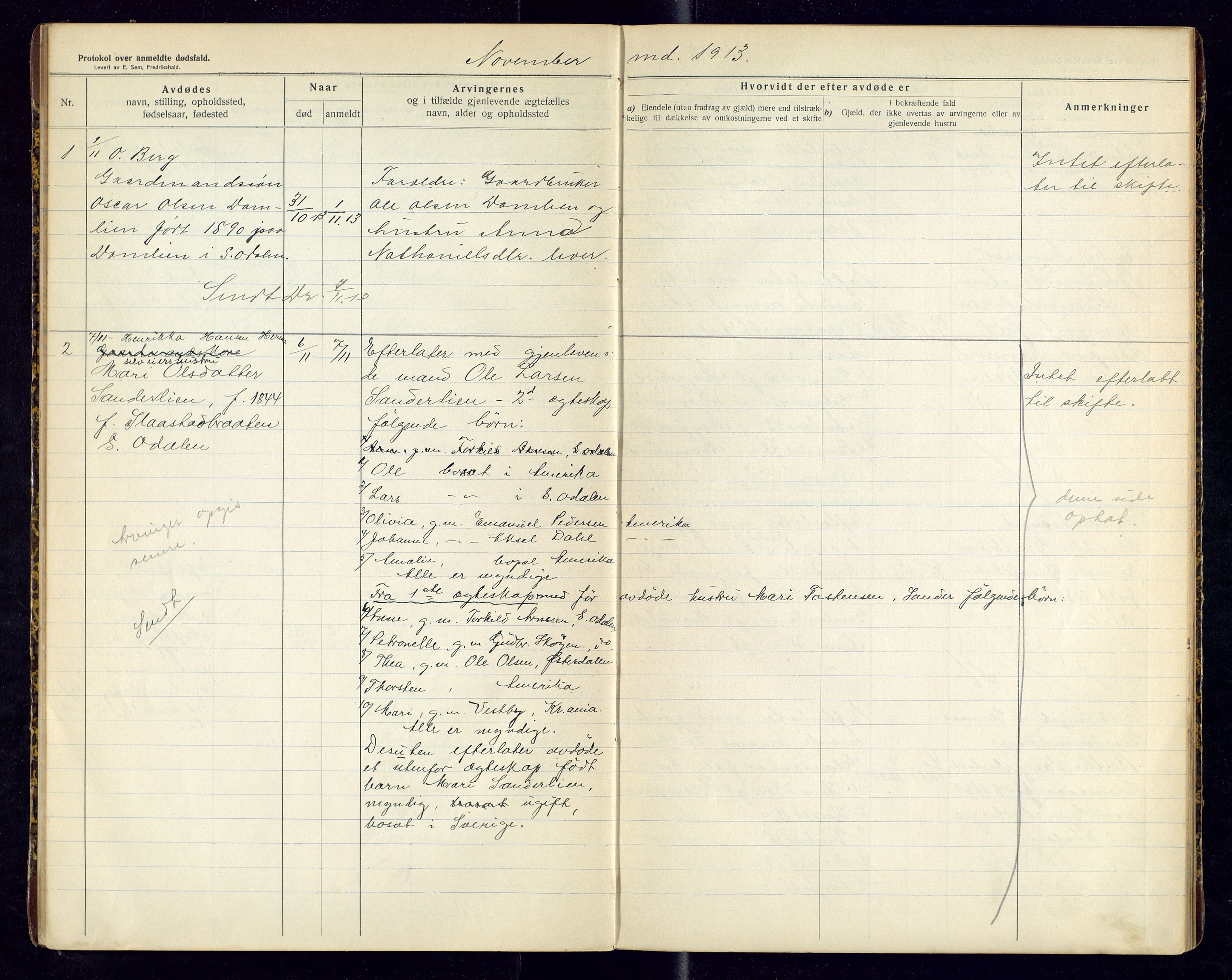 Sør-Odal lensmannskontor, SAH/LHS-022/H/Hb/L0002/0001: Protokoller over anmeldte dødsfall / Protokoll over anmeldte dødsfall, 1913-1915