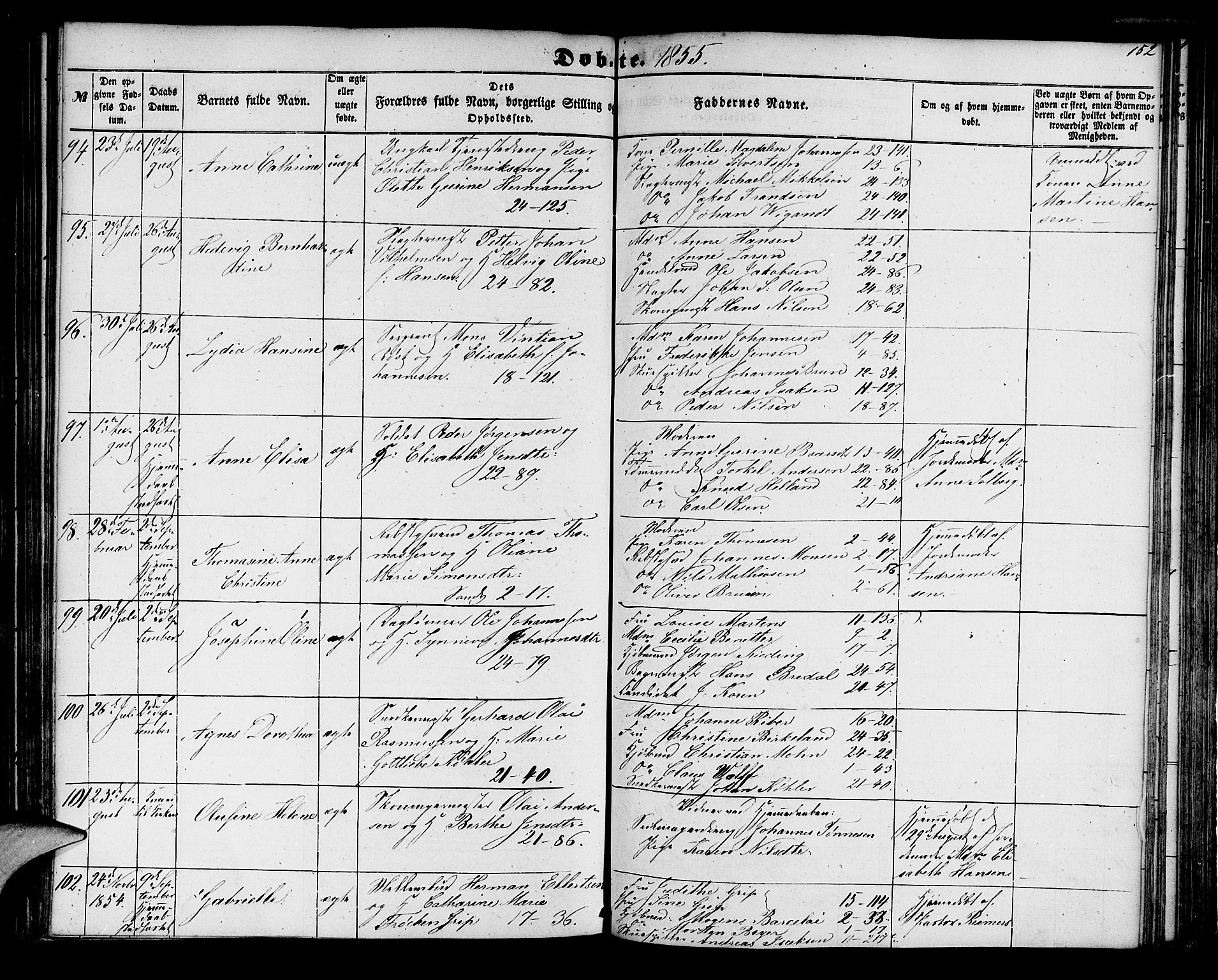 Korskirken sokneprestembete, AV/SAB-A-76101/H/Hab: Klokkerbok nr. B 3, 1853-1858, s. 152