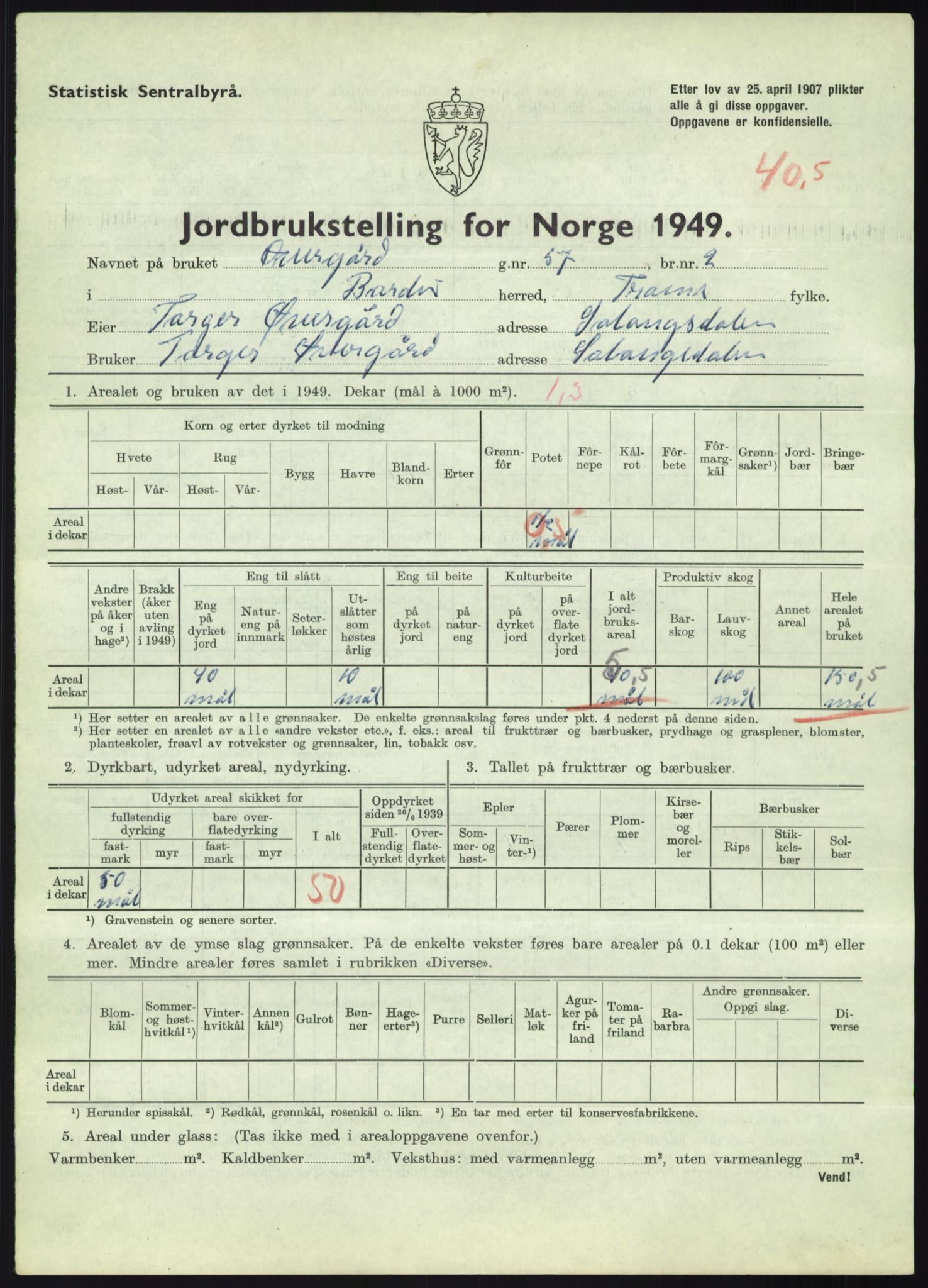 Statistisk sentralbyrå, Næringsøkonomiske emner, Jordbruk, skogbruk, jakt, fiske og fangst, AV/RA-S-2234/G/Gc/L0438: Troms: Salangen og Bardu, 1949, s. 1461