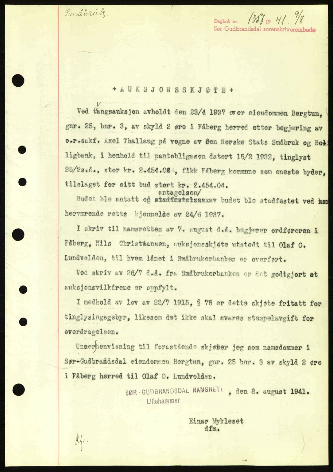 Sør-Gudbrandsdal tingrett, SAH/TING-004/H/Hb/Hbd/L0009: Pantebok nr. A9, 1941-1941, Dagboknr: 1357/1941