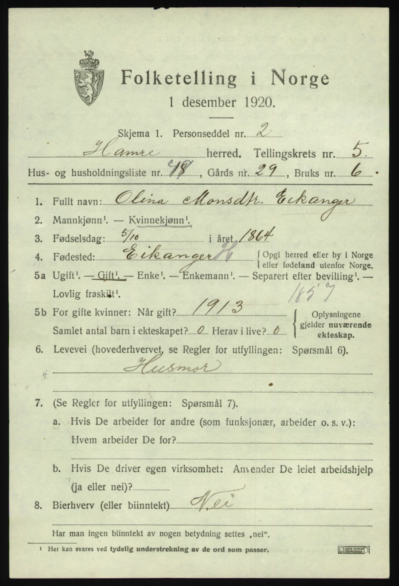 SAB, Folketelling 1920 for 1254 Hamre herred, 1920, s. 3443