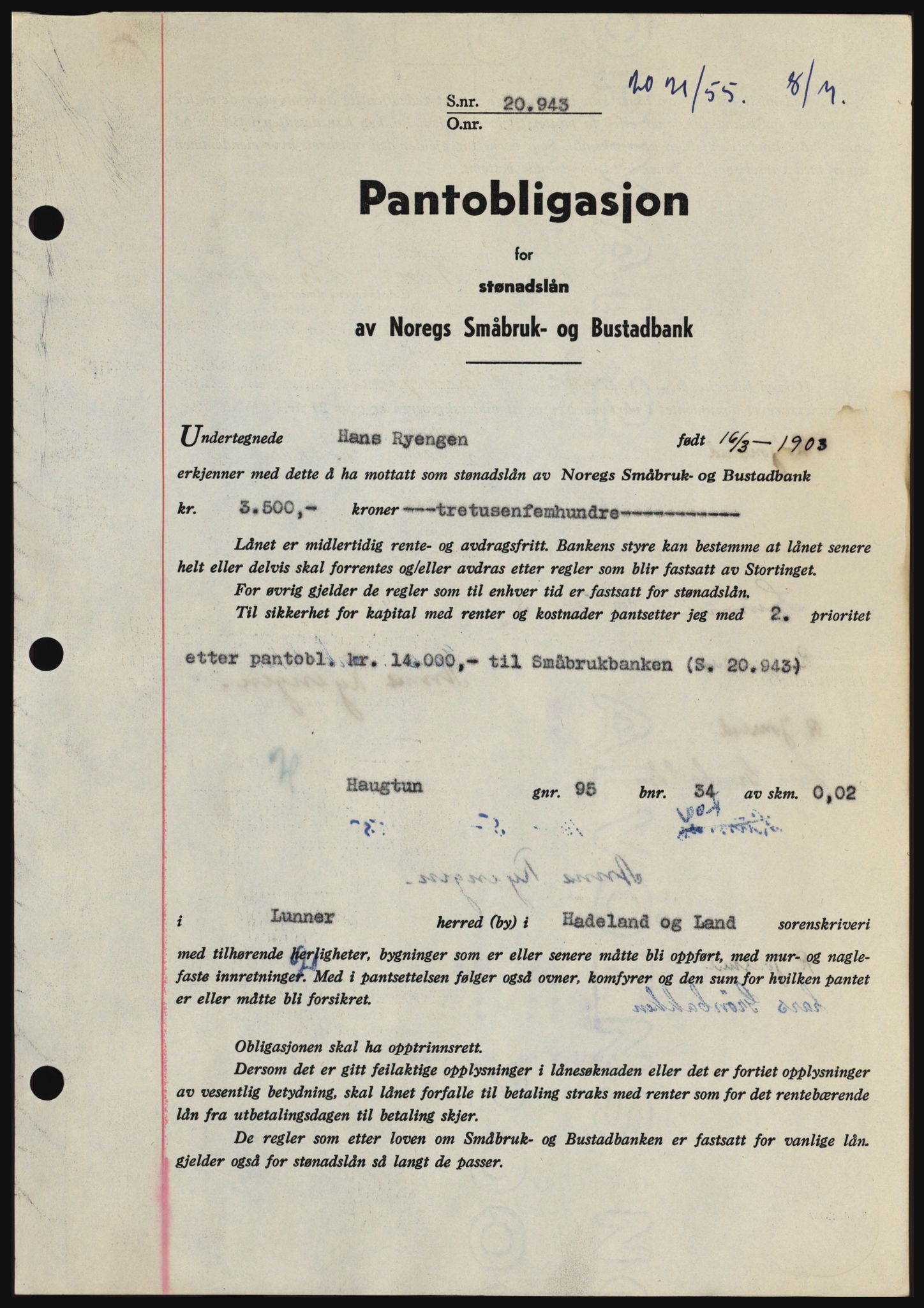 Hadeland og Land tingrett, SAH/TING-010/H/Hb/Hbc/L0032: Pantebok nr. B32, 1955-1955, Dagboknr: 2021/1955