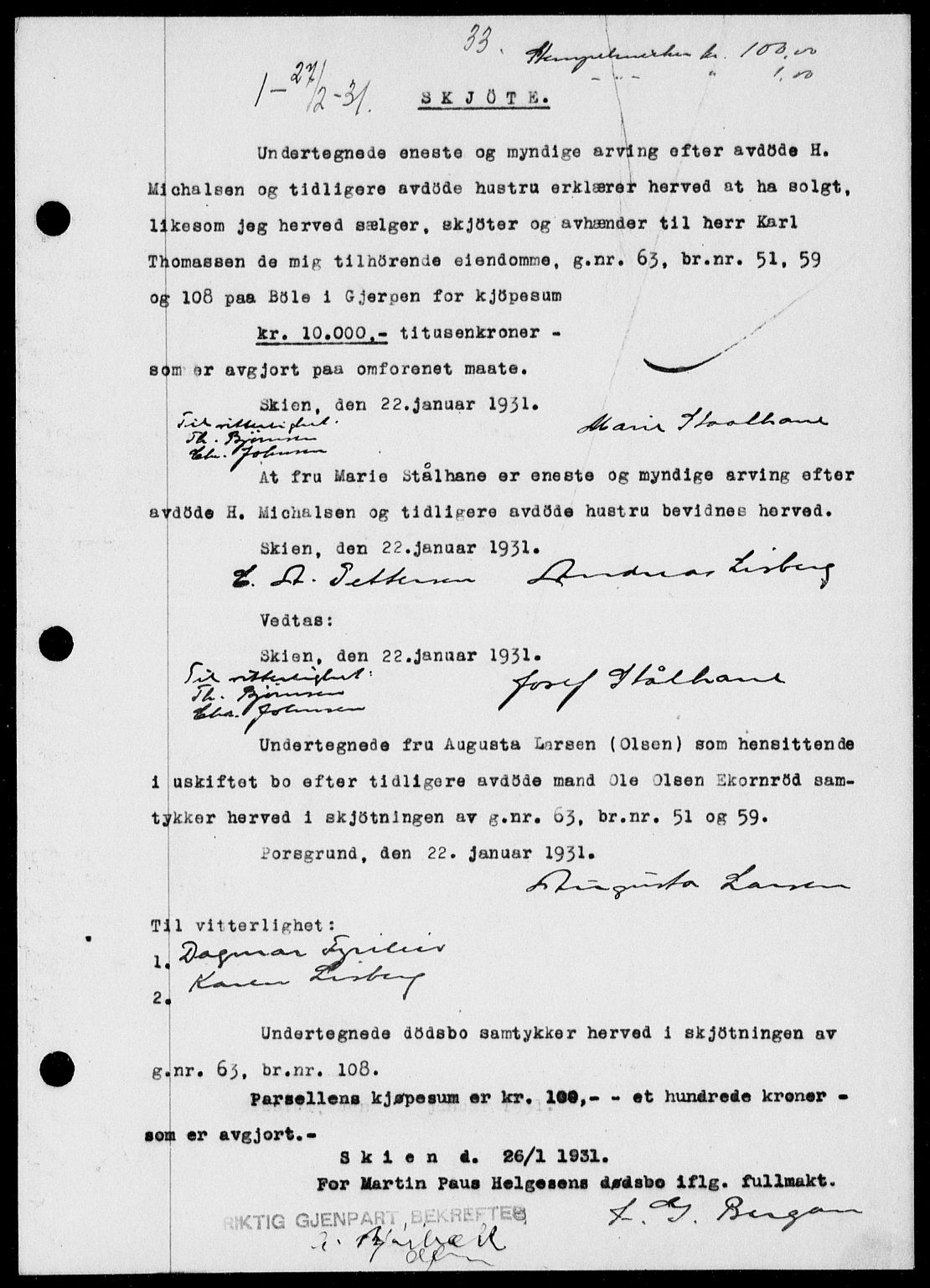 Gjerpen sorenskriveri, SAKO/A-216/G/Ga/Gaa/L0054: Pantebok nr. I 54-56, 1930-1931, s. 33, Tingl.dato: 27.02.1931