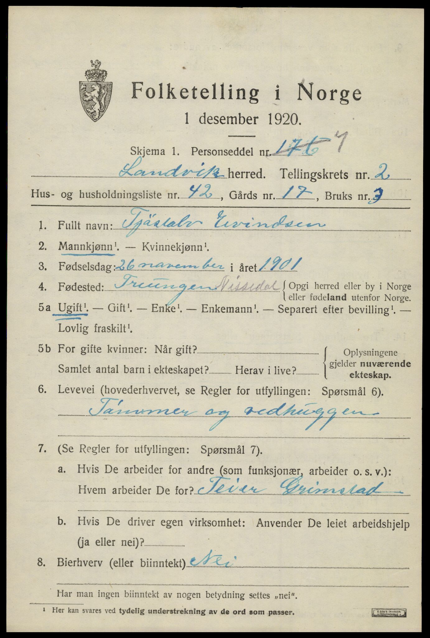 SAK, Folketelling 1920 for 0924 Landvik herred, 1920, s. 2118
