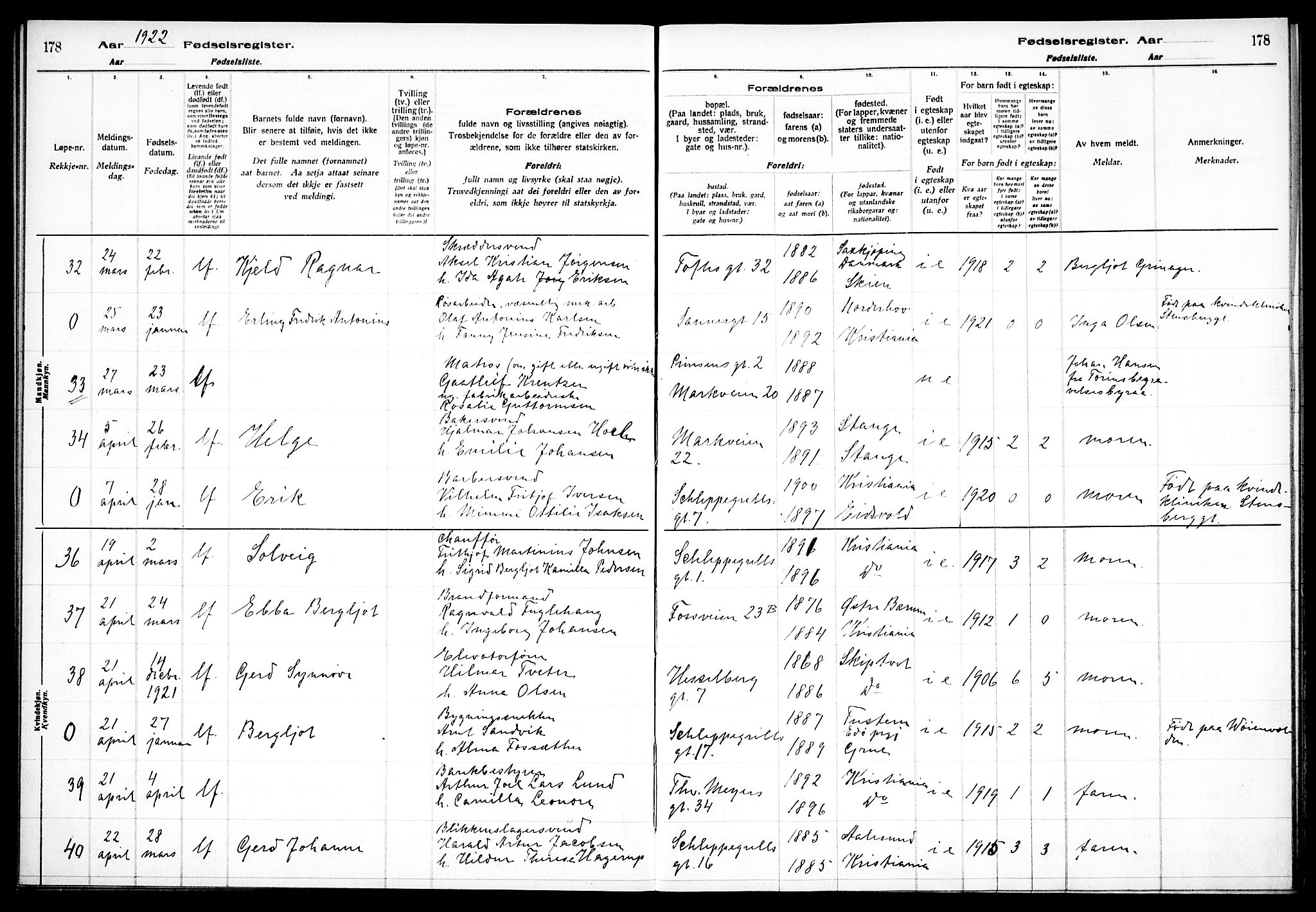 Paulus prestekontor Kirkebøker, AV/SAO-A-10871/J/Ja/L0001: Fødselsregister nr. 1, 1916-1923, s. 178