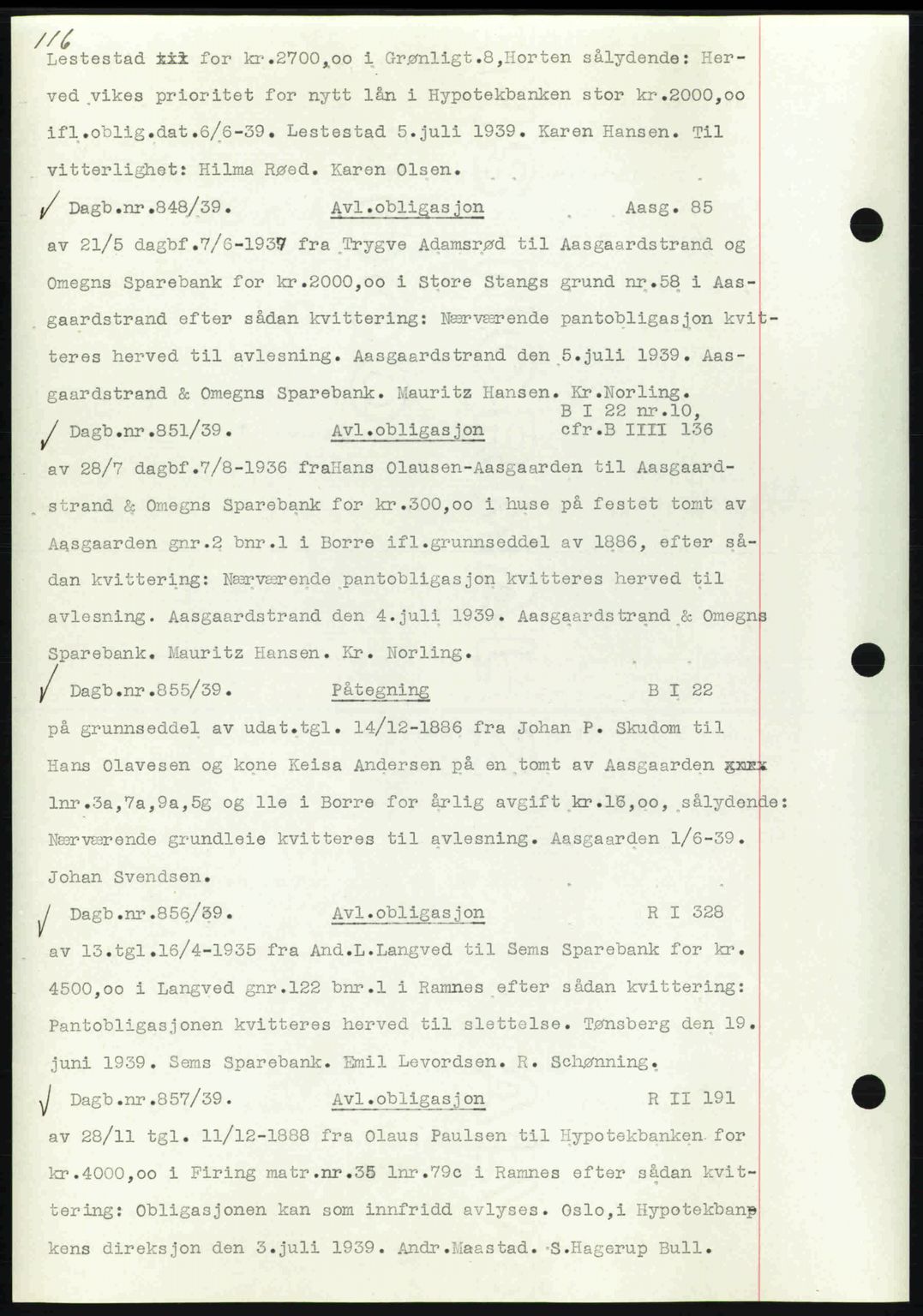 Horten sorenskriveri, SAKO/A-133/G/Ga/Gab/L0002: Pantebok nr. B-3 - B-4, 1938-1941, Dagboknr: 848/1939