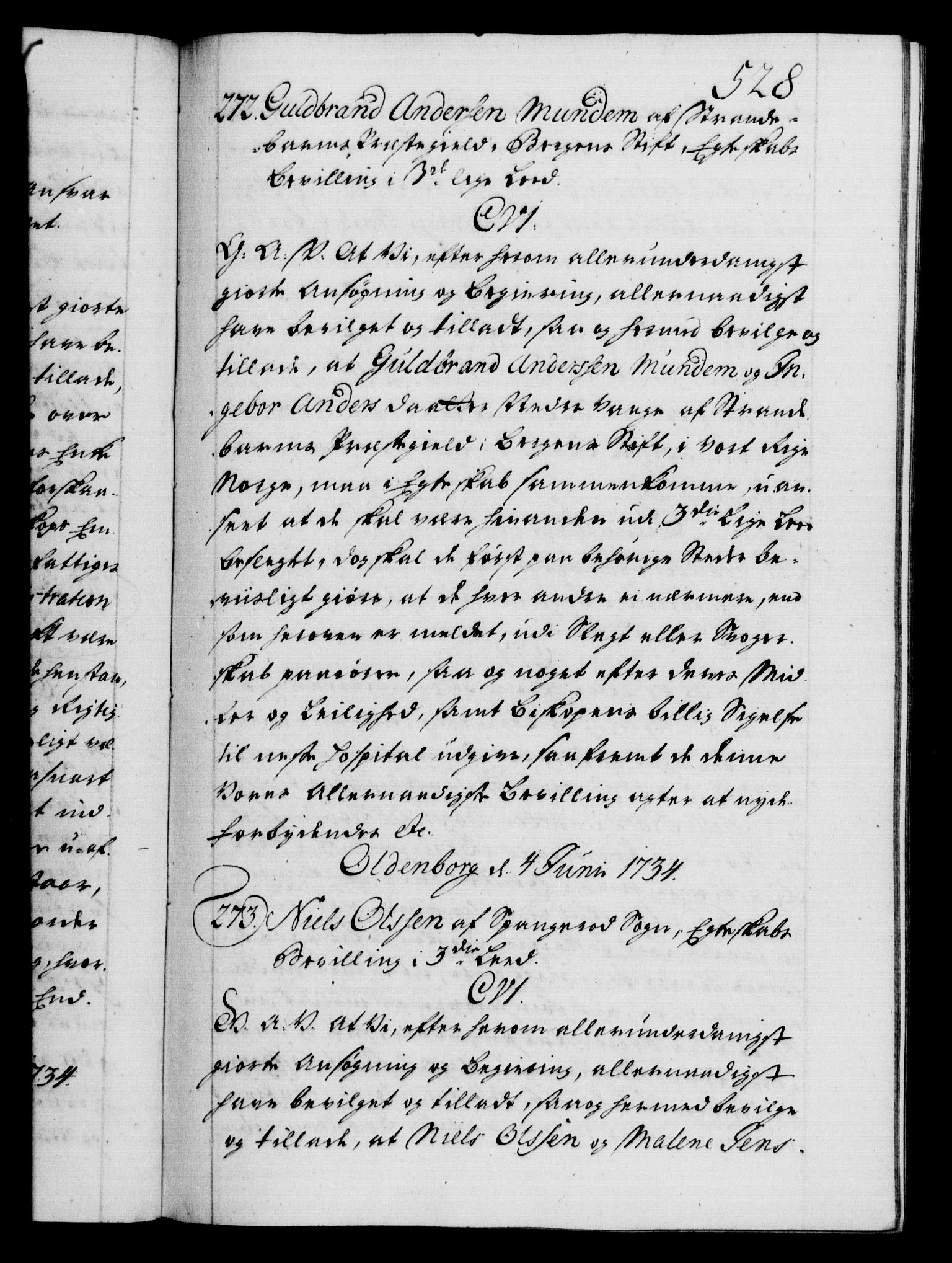 Danske Kanselli 1572-1799, AV/RA-EA-3023/F/Fc/Fca/Fcaa/L0028: Norske registre, 1733-1734, s. 528a