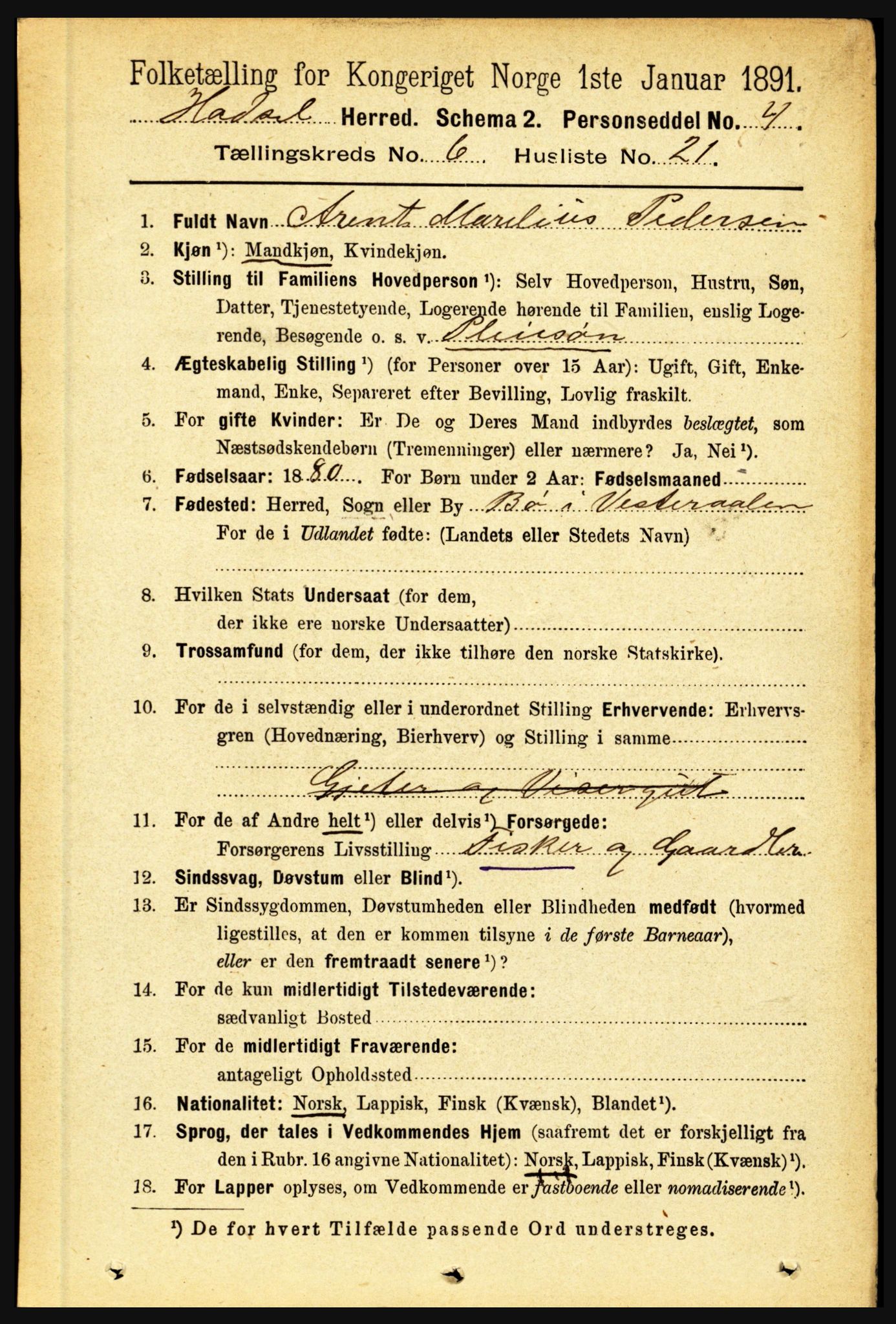 RA, Folketelling 1891 for 1866 Hadsel herred, 1891, s. 2793