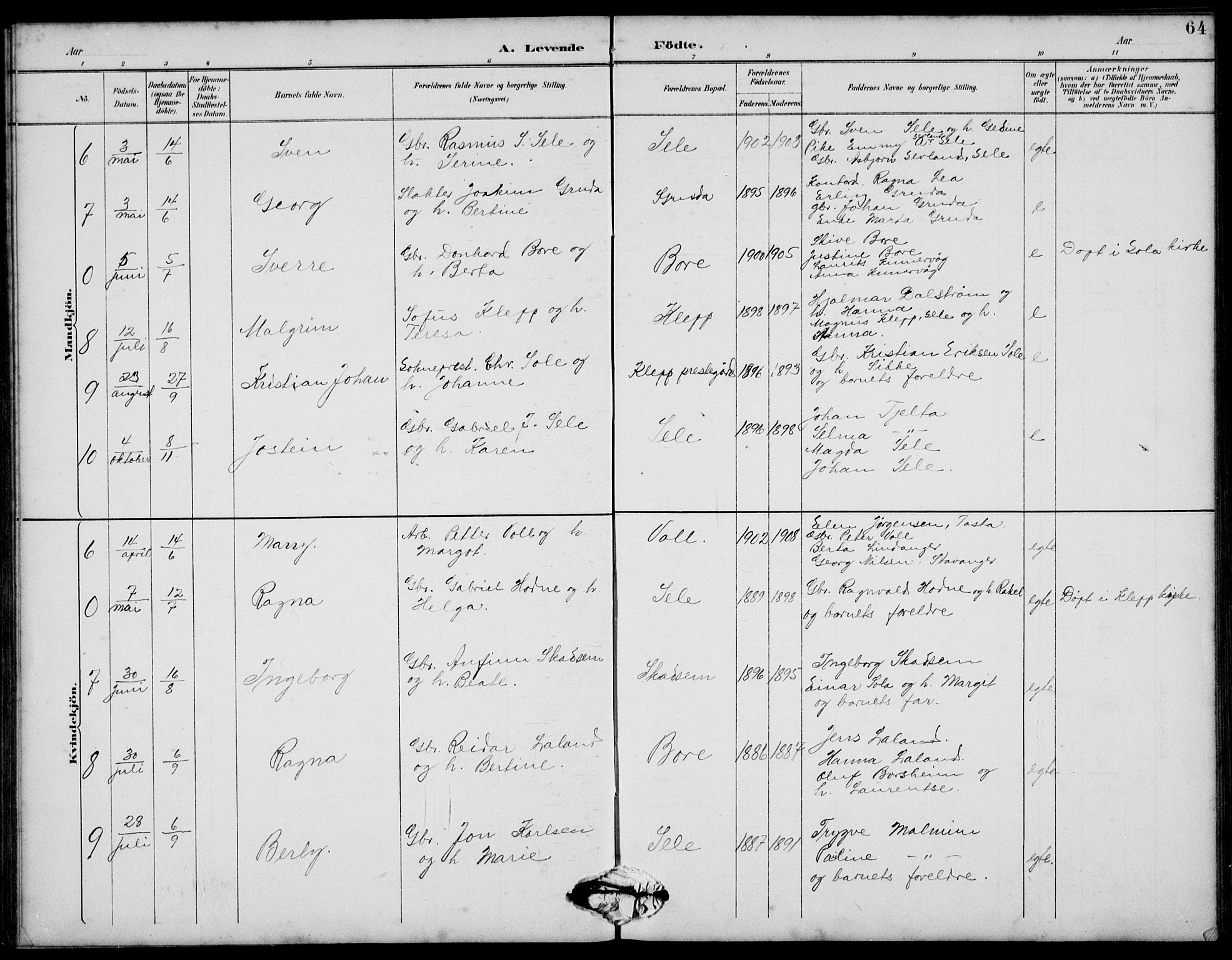 Klepp sokneprestkontor, AV/SAST-A-101803/001/3/30BB/L0006: Klokkerbok nr. B 6, 1889-1936, s. 64