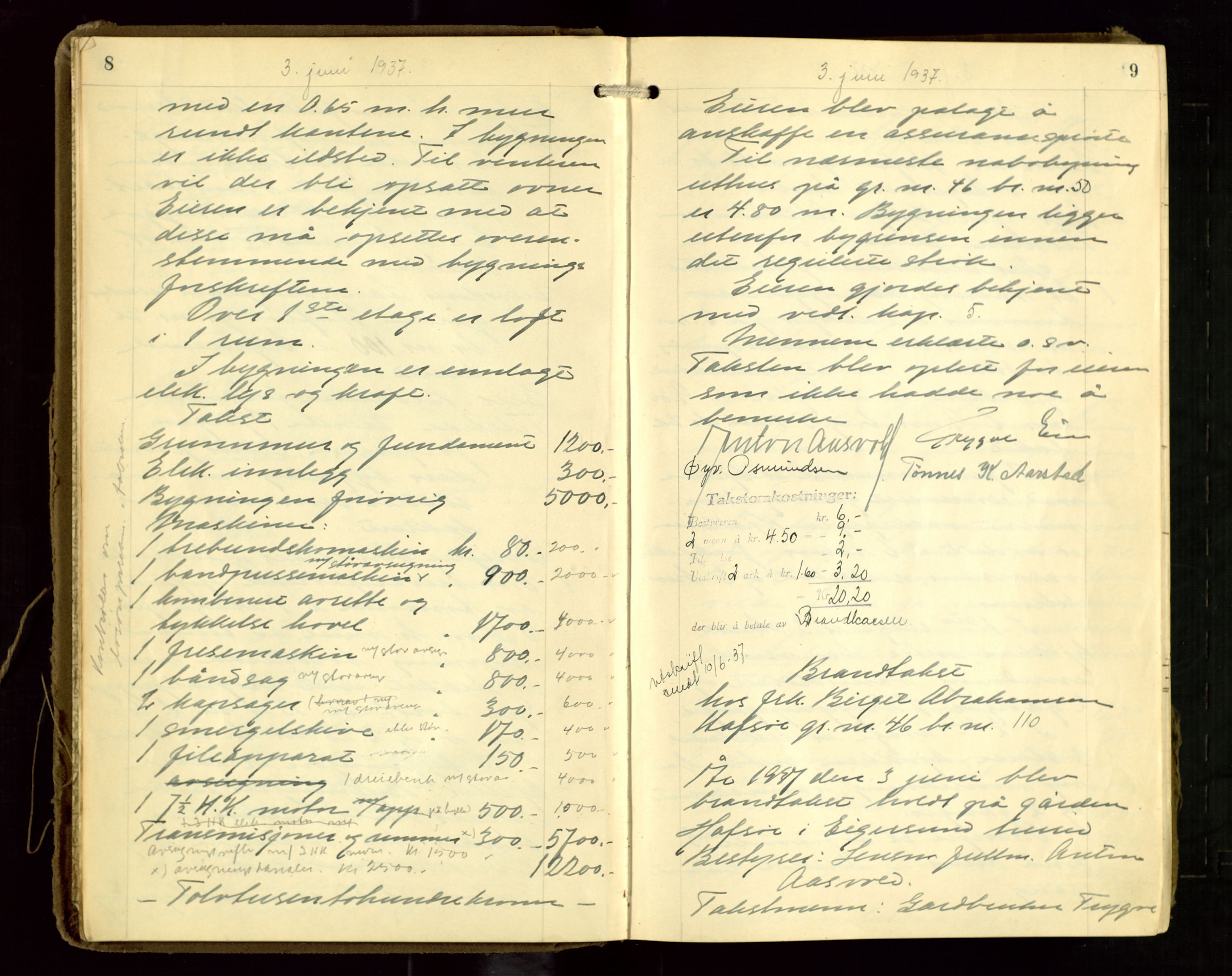 Eigersund lensmannskontor, AV/SAST-A-100171/Goa/L0006: "Brandtakstprotokoll", 1937-1943, s. 8-9