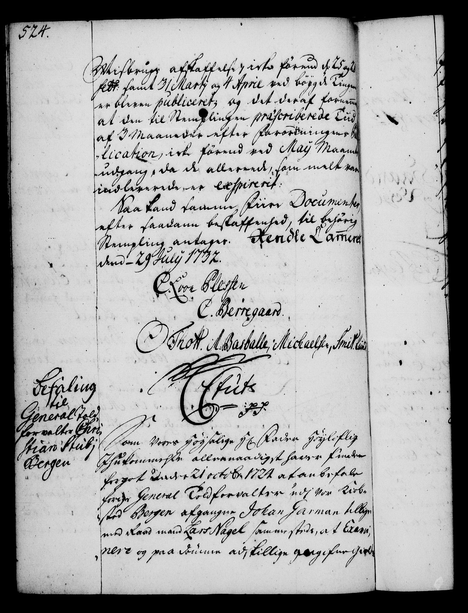 Rentekammeret, Kammerkanselliet, RA/EA-3111/G/Gg/Gga/L0003: Norsk ekspedisjonsprotokoll med register (merket RK 53.3), 1727-1734, s. 524