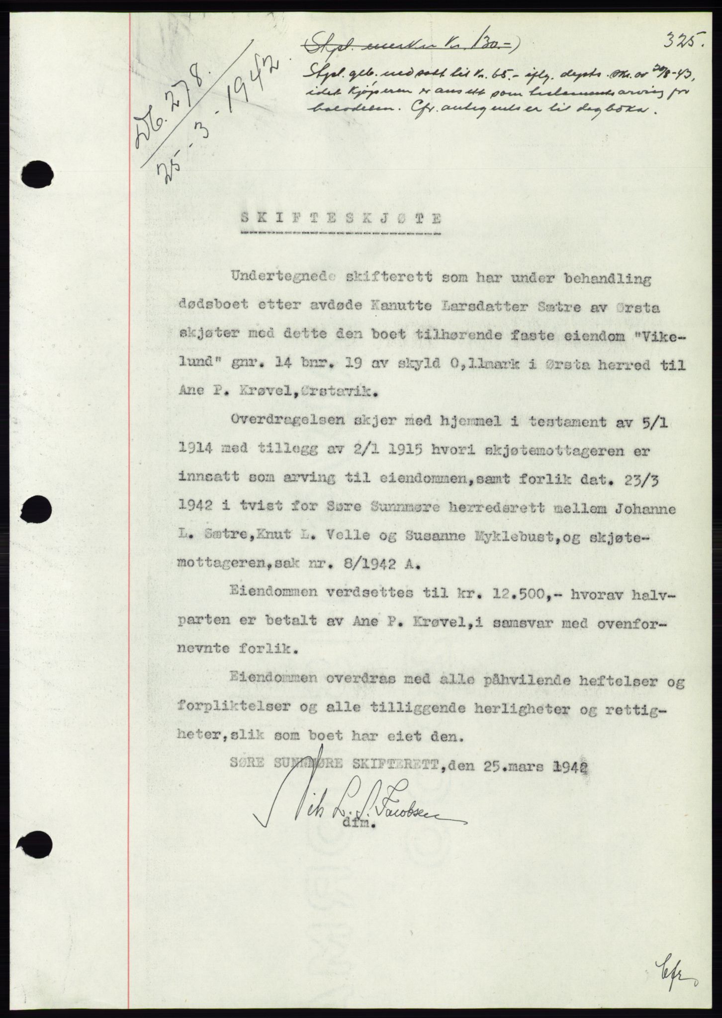 Søre Sunnmøre sorenskriveri, SAT/A-4122/1/2/2C/L0073: Pantebok nr. 67, 1941-1942, Dagboknr: 278/1942