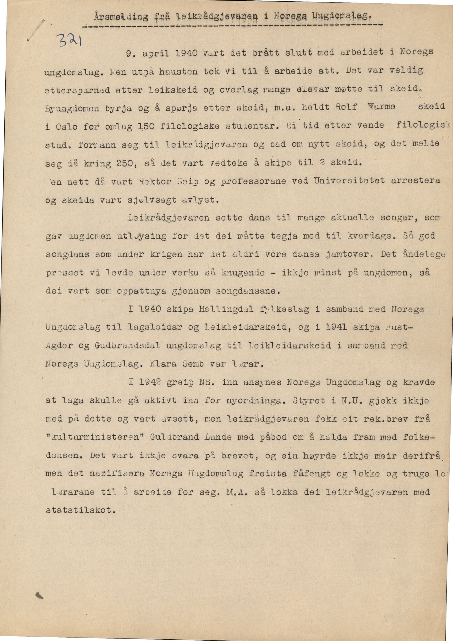 Samling etter Klara Semb, NSFF/KS/C/321: Årsmelding frå leikrådgjevaren i Noregs Ungdomslag, 1939-1943