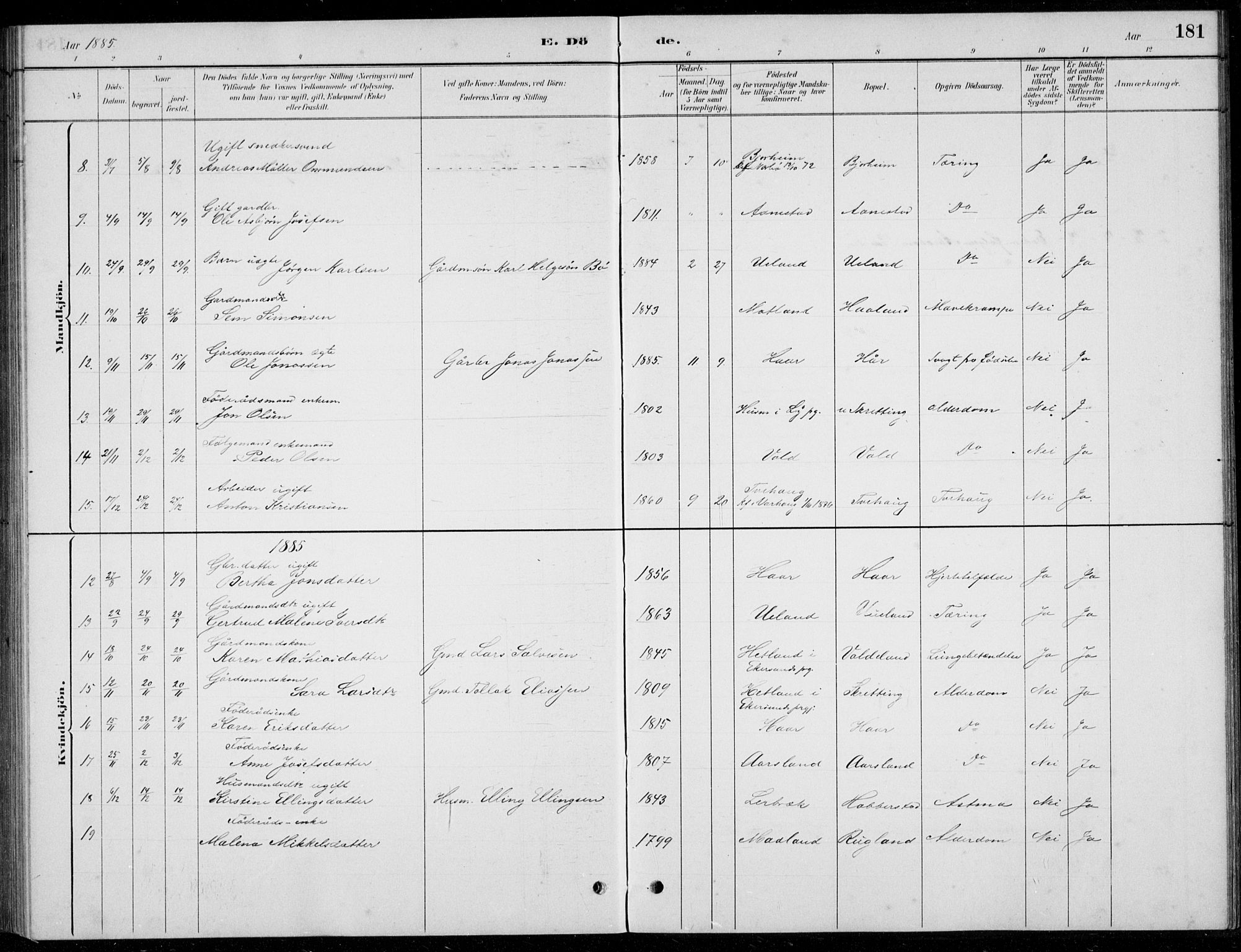 Hå sokneprestkontor, AV/SAST-A-101801/001/30BB/L0004: Klokkerbok nr. B 4, 1883-1899, s. 181