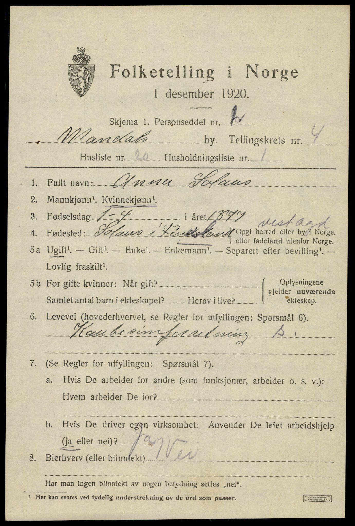 SAK, Folketelling 1920 for 1002 Mandal ladested, 1920, s. 7233