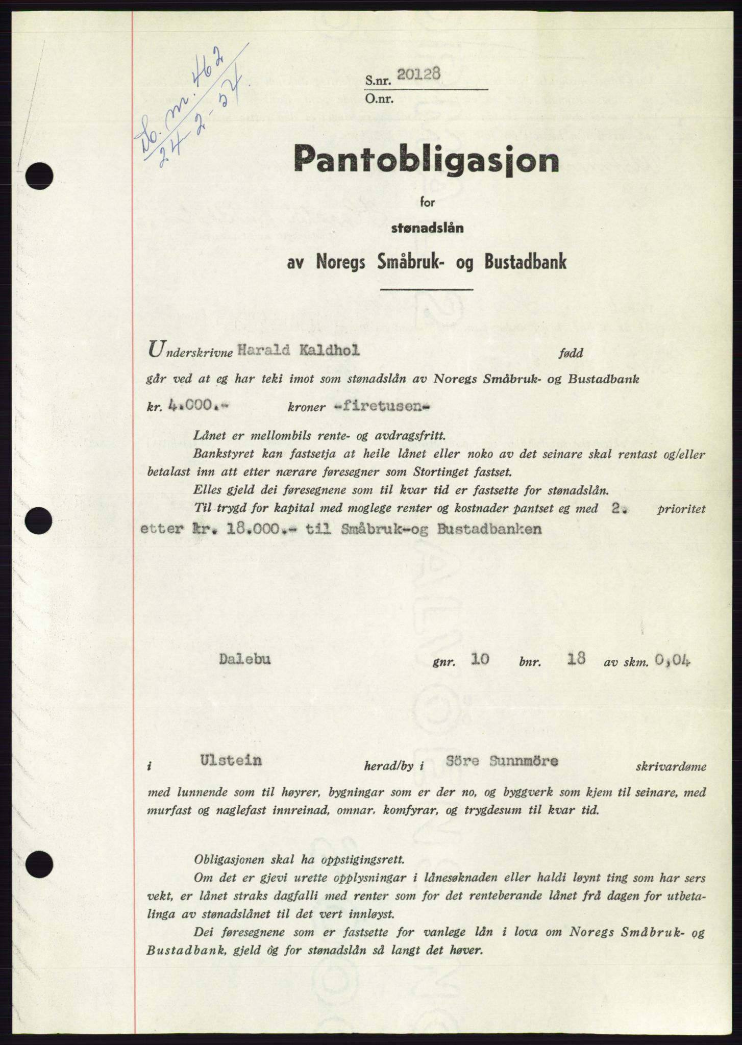 Søre Sunnmøre sorenskriveri, SAT/A-4122/1/2/2C/L0124: Pantebok nr. 12B, 1953-1954, Dagboknr: 462/1954