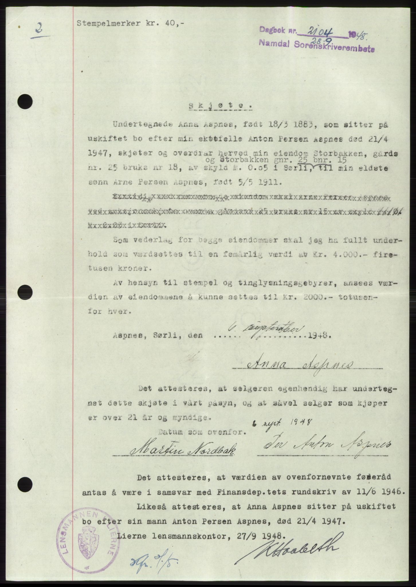 Namdal sorenskriveri, SAT/A-4133/1/2/2C: Pantebok nr. -, 1948-1948, Dagboknr: 2104/1948