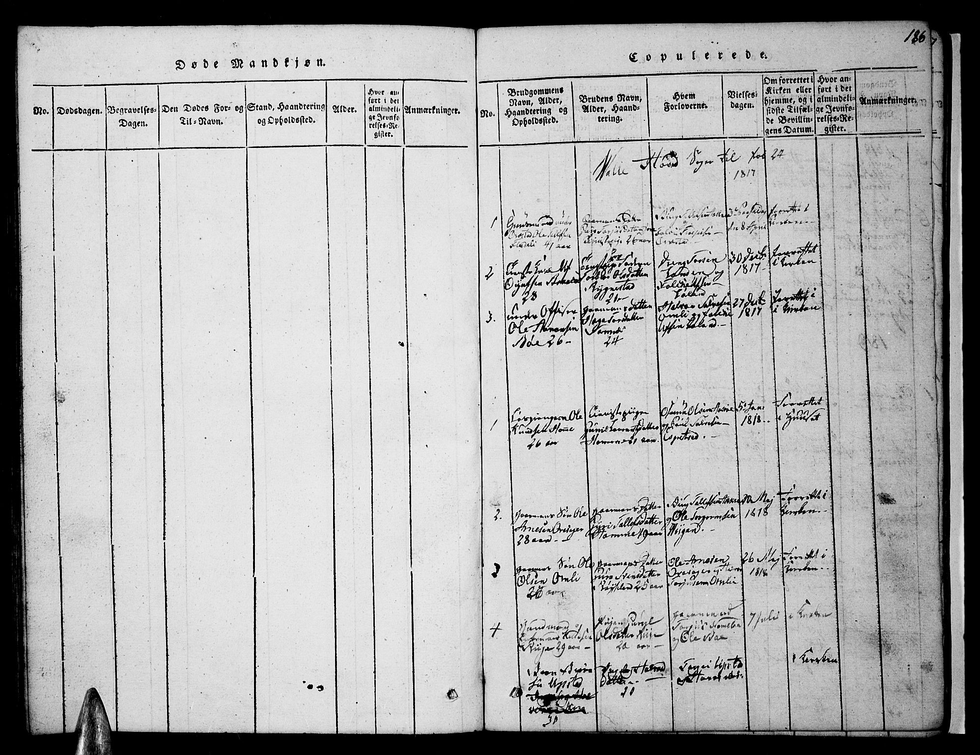 Valle sokneprestkontor, AV/SAK-1111-0044/F/Fb/Fbc/L0001: Klokkerbok nr. B 1 /1, 1816-1829, s. 186