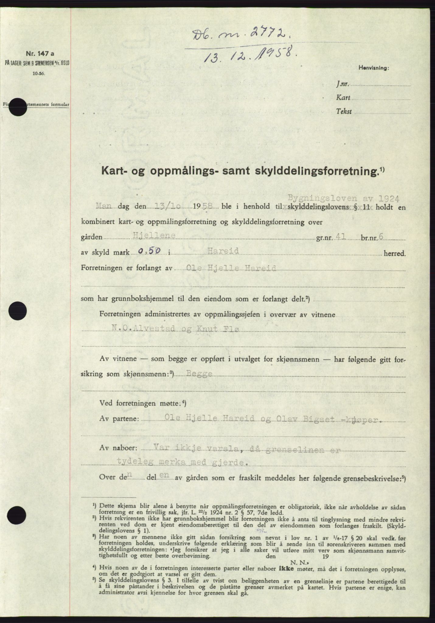 Søre Sunnmøre sorenskriveri, SAT/A-4122/1/2/2C/L0111: Pantebok nr. 37A, 1958-1959, Dagboknr: 2772/1958