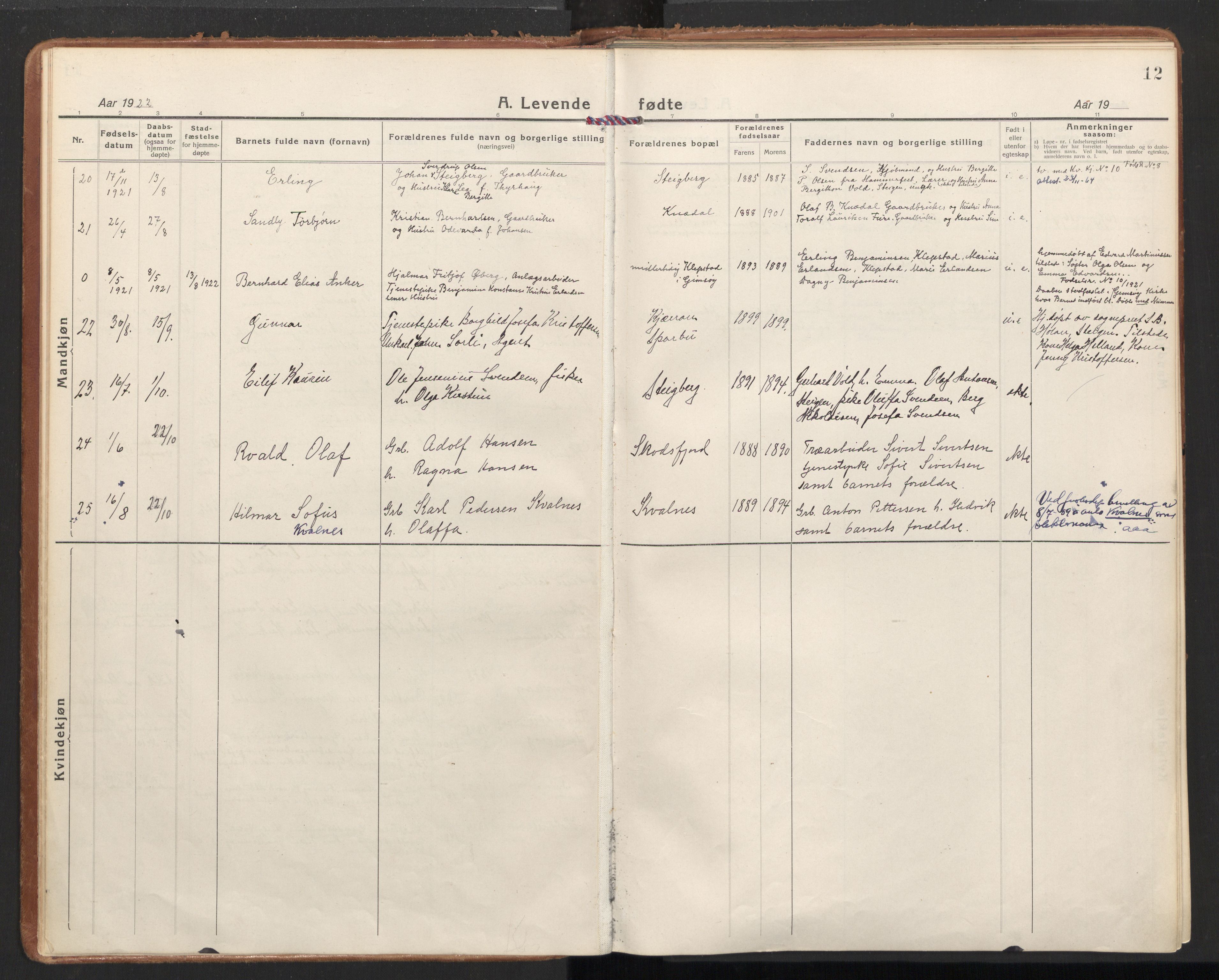 Ministerialprotokoller, klokkerbøker og fødselsregistre - Nordland, AV/SAT-A-1459/855/L0810: Ministerialbok nr. 855A17, 1921-1939, s. 12