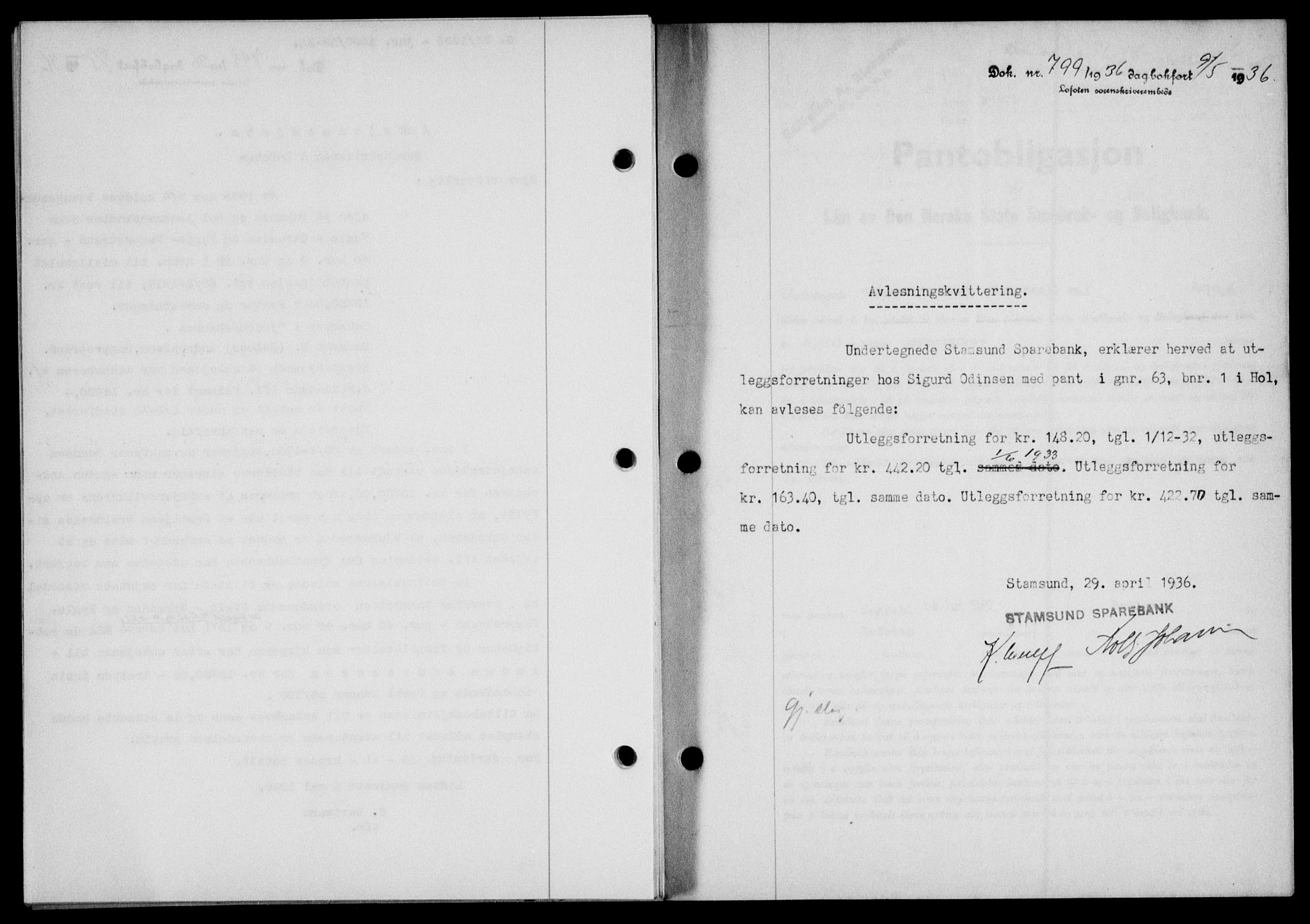 Lofoten sorenskriveri, SAT/A-0017/1/2/2C/L0033b: Pantebok nr. 33b, 1936-1936, Dagboknr: 799/1936