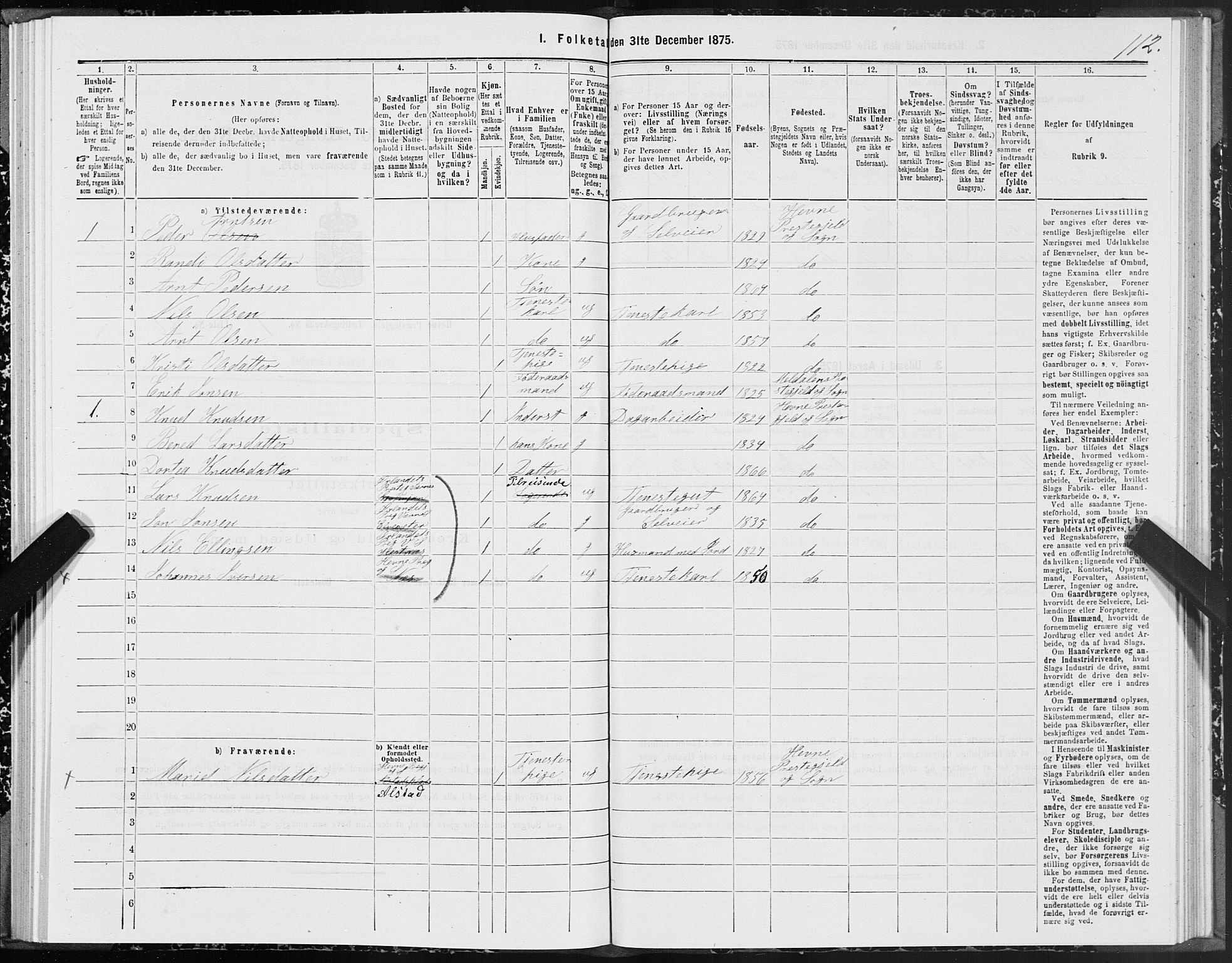 SAT, Folketelling 1875 for 1612P Hemne prestegjeld, 1875, s. 1112