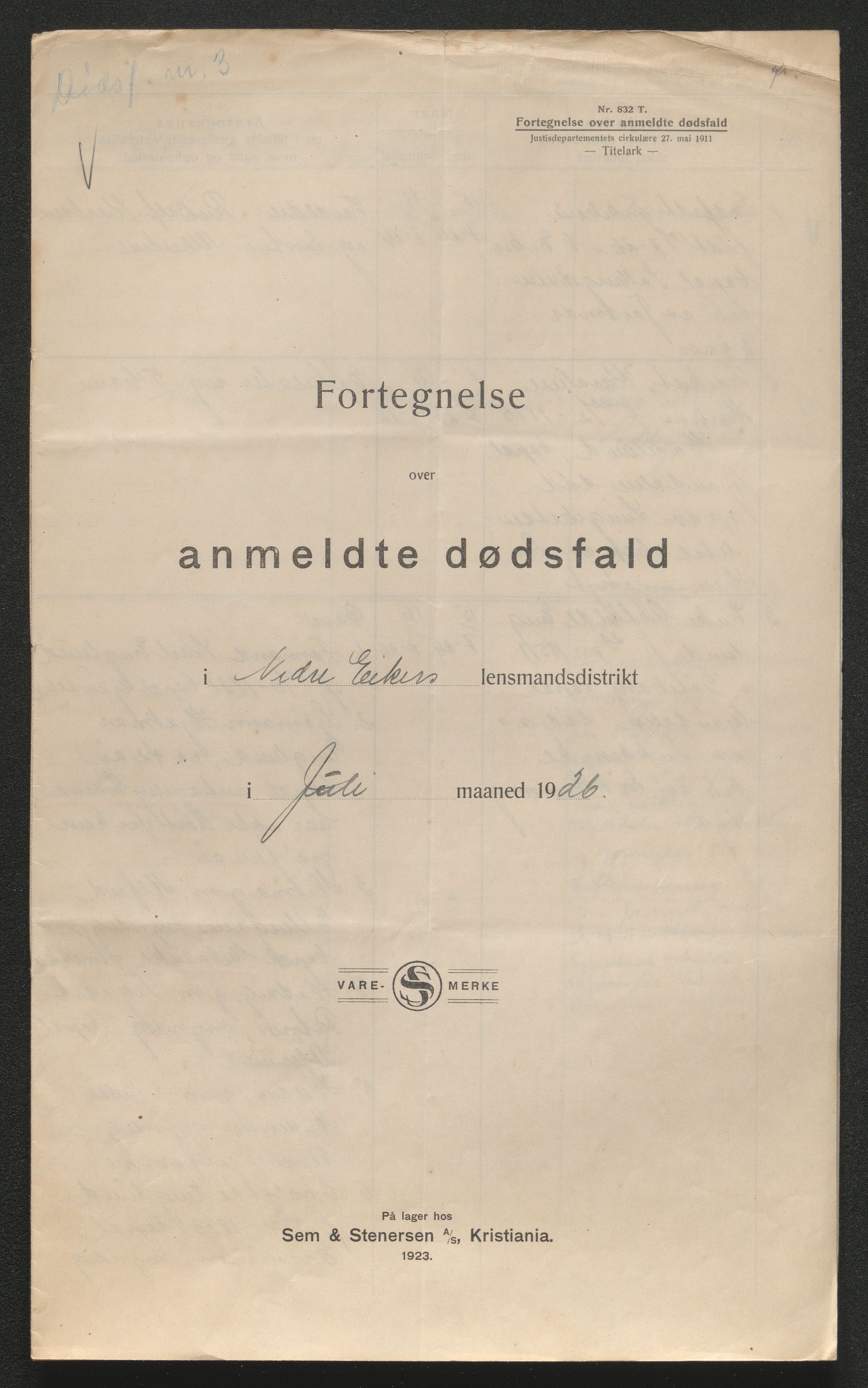 Eiker, Modum og Sigdal sorenskriveri, AV/SAKO-A-123/H/Ha/Hab/L0044: Dødsfallsmeldinger, 1926-1927, s. 326