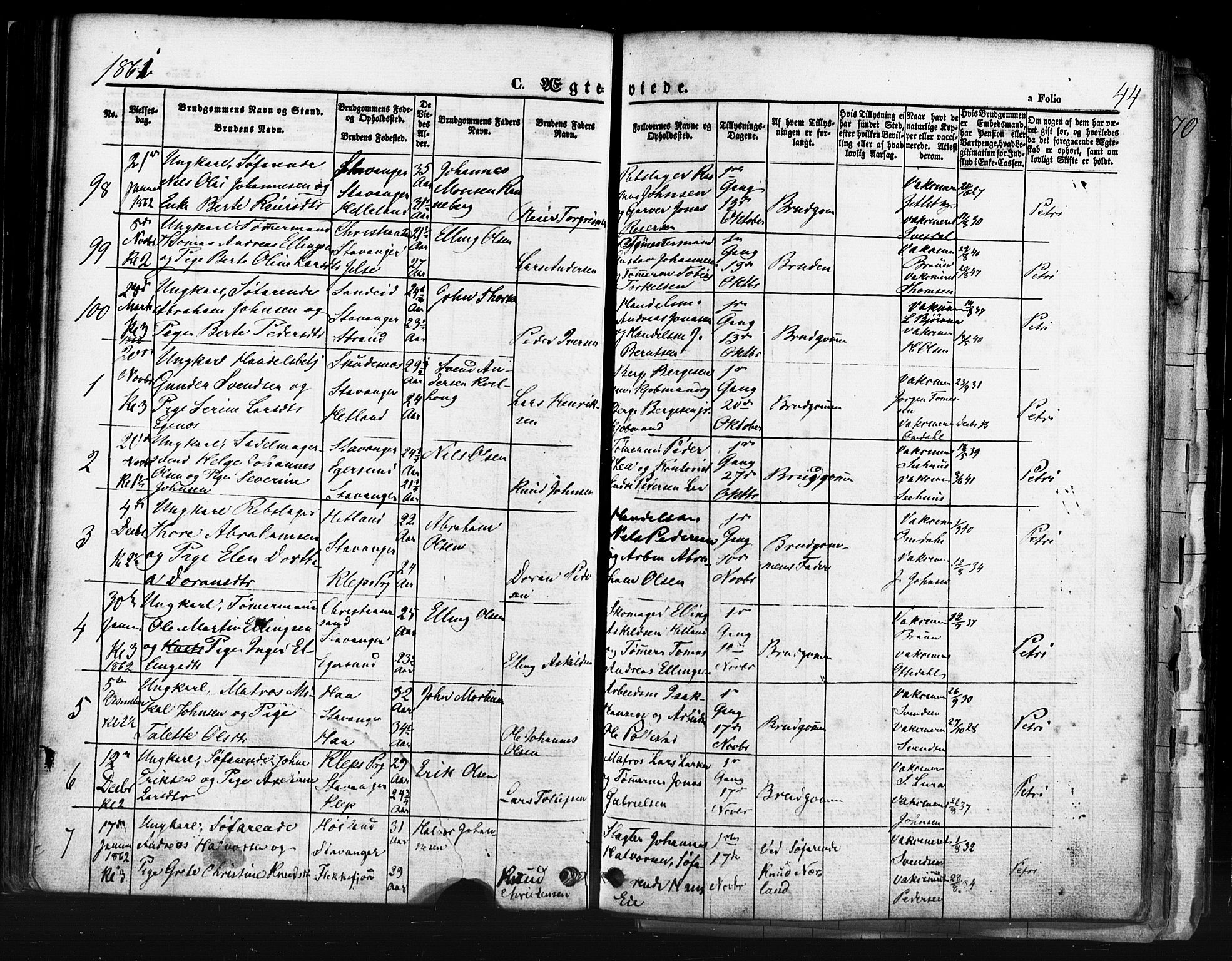 Domkirken sokneprestkontor, AV/SAST-A-101812/001/30/30BB/L0011: Klokkerbok nr. B 11, 1858-1876, s. 44