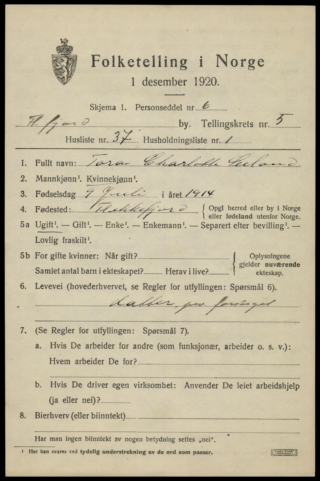 SAK, Folketelling 1920 for 1004 Flekkefjord kjøpstad, 1920, s. 5754