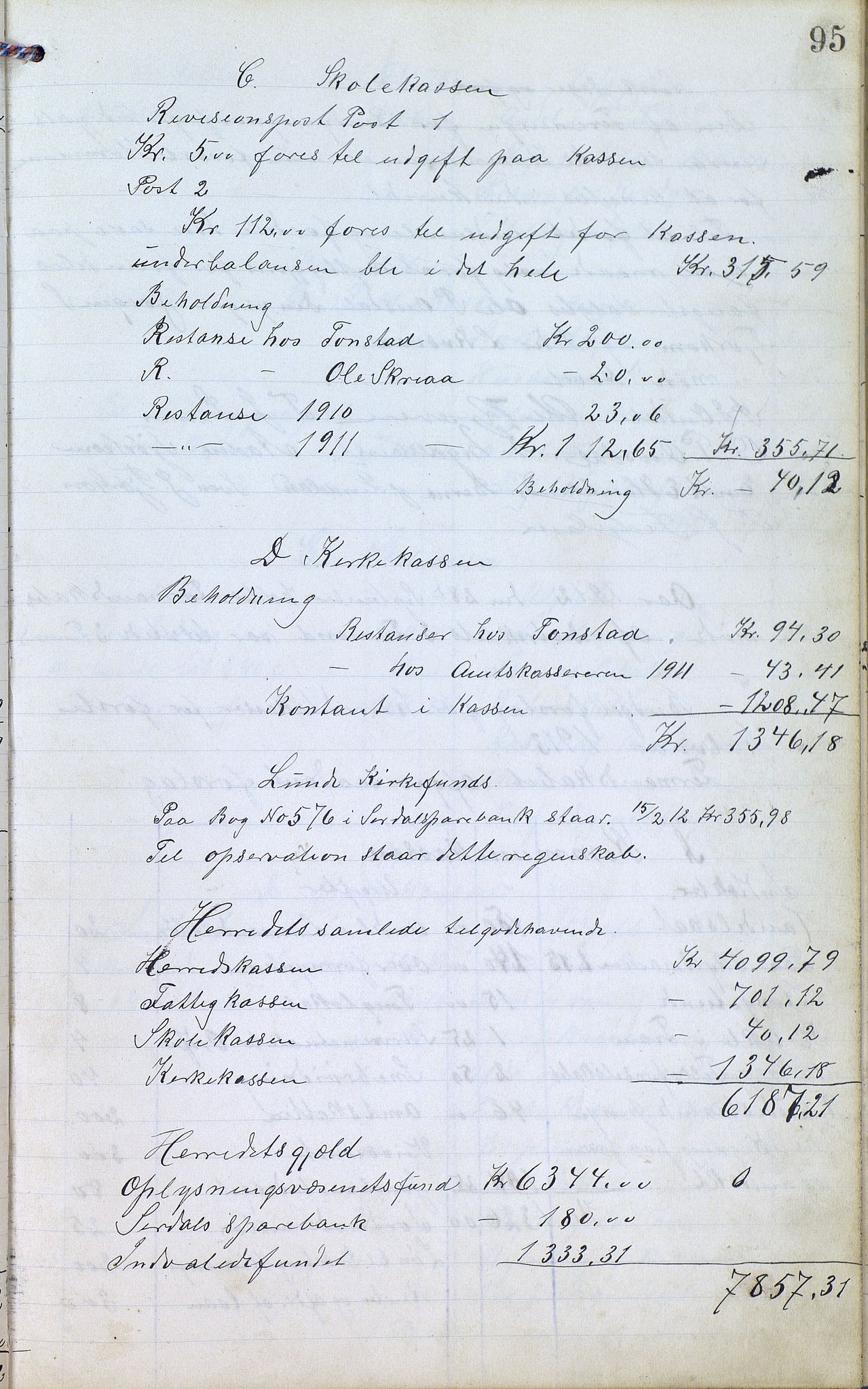 Øvre Sirdal kommune - Formannskapet/Kommunestyret, ARKSOR/1046ØS120/A/L0001: Møtebok (d), 1905-1917, s. 95