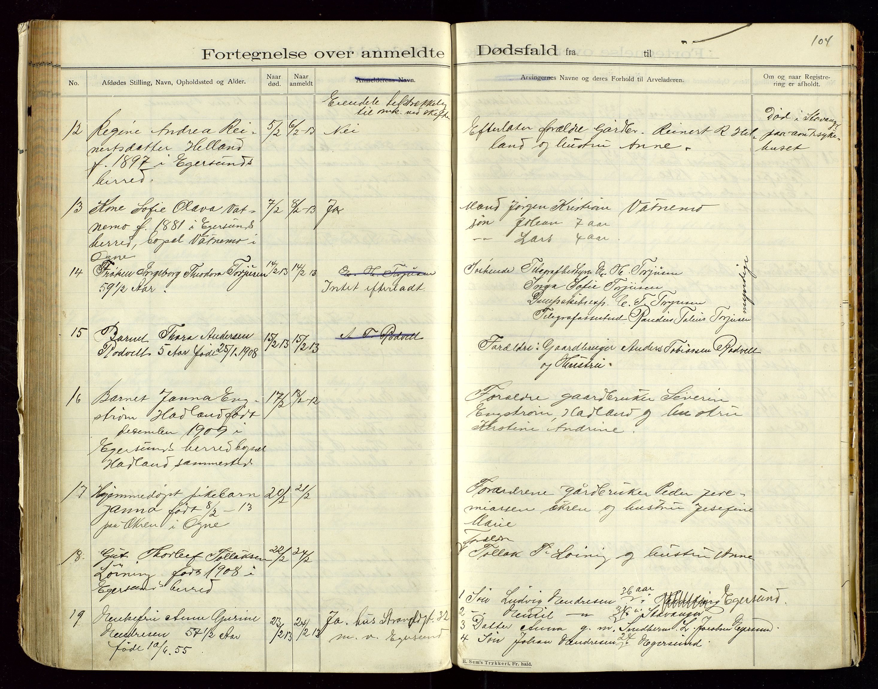 Eigersund lensmannskontor, SAST/A-100171/Gga/L0005: "Dødsfalds-Protokol" m/alfabetisk navneregister, 1905-1913, s. 104